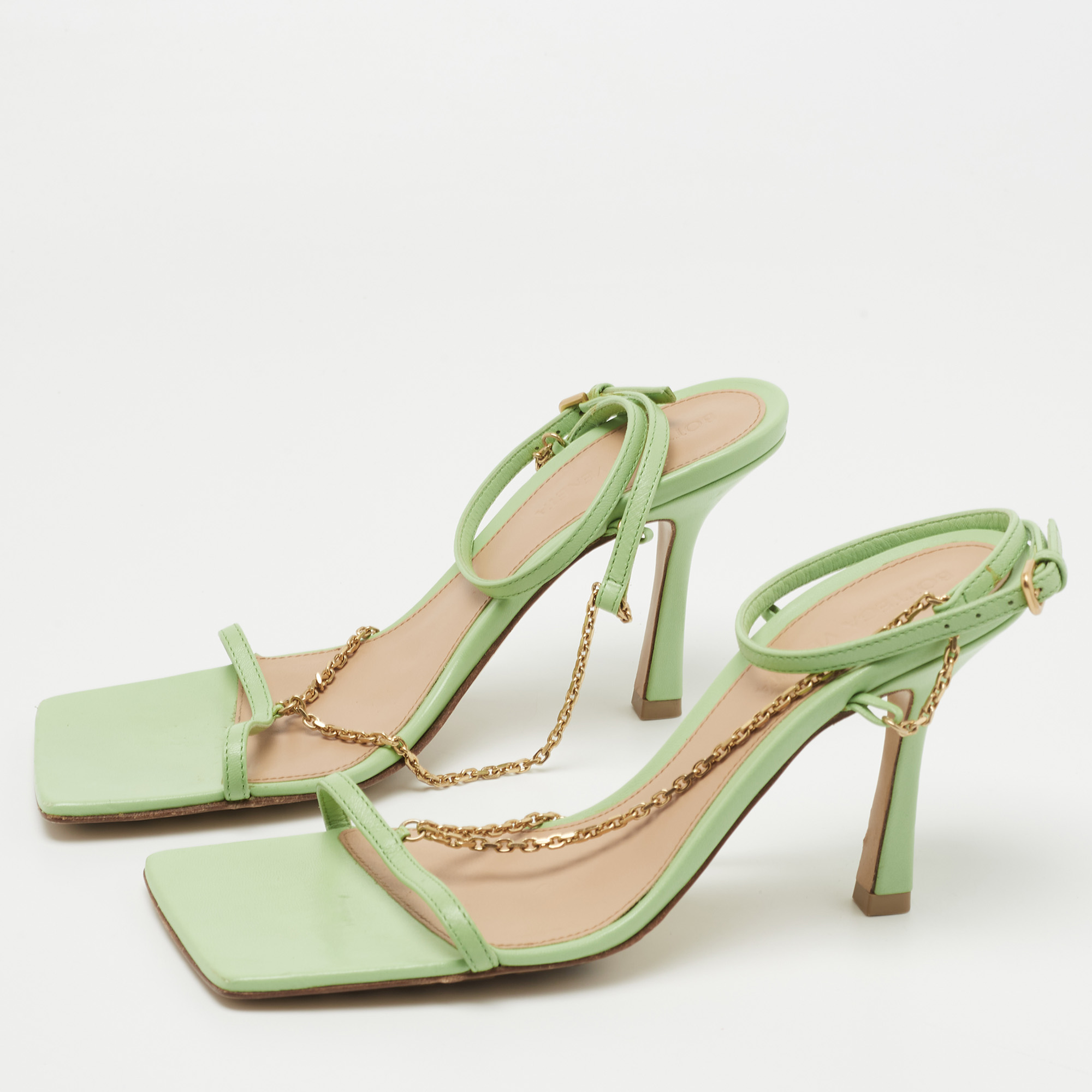 

Bottega Veneta Green Leather Chain Ankle Strap Sandals Size