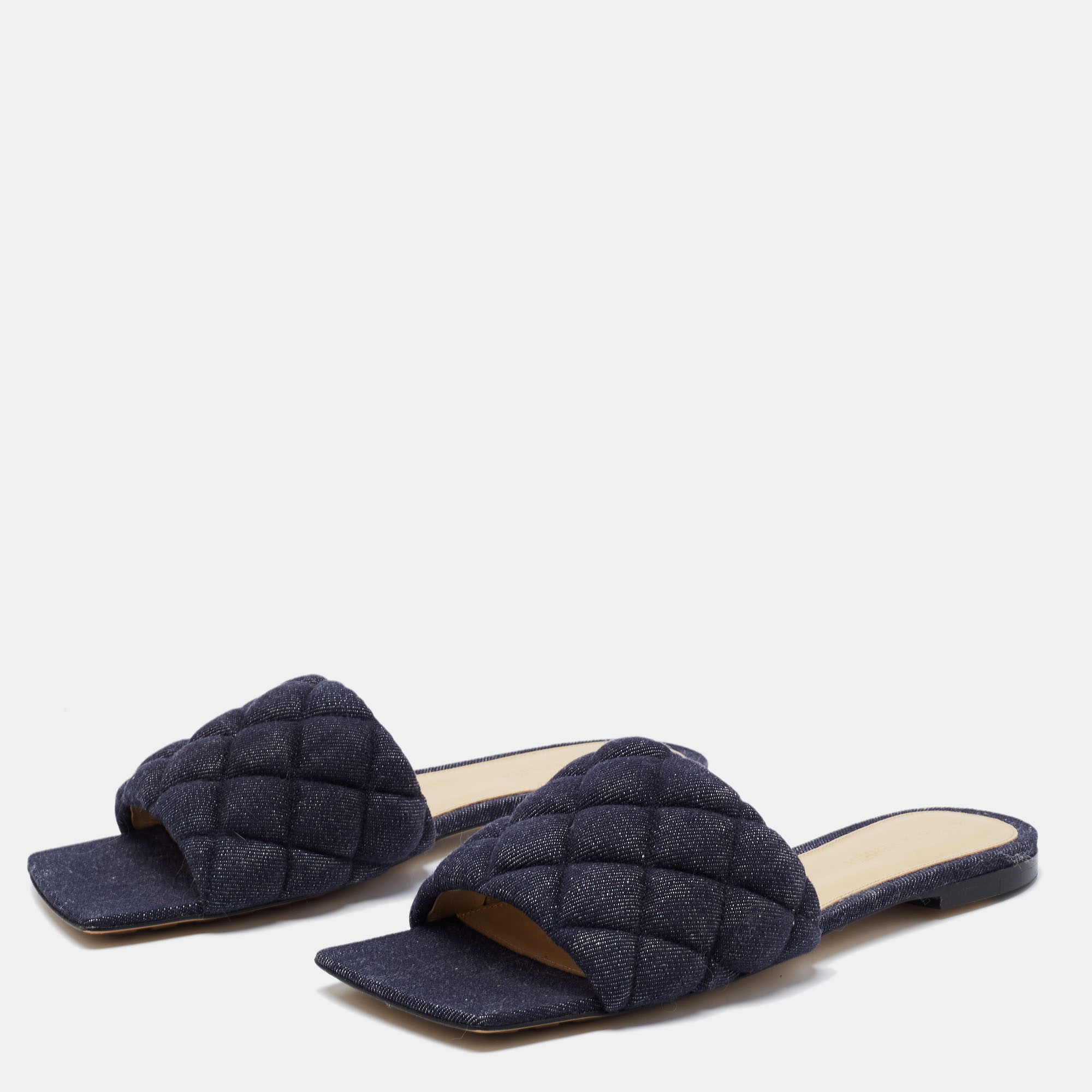 

Bottega Veneta Navy Blue Quilted Denim Padded Slide Flats Size