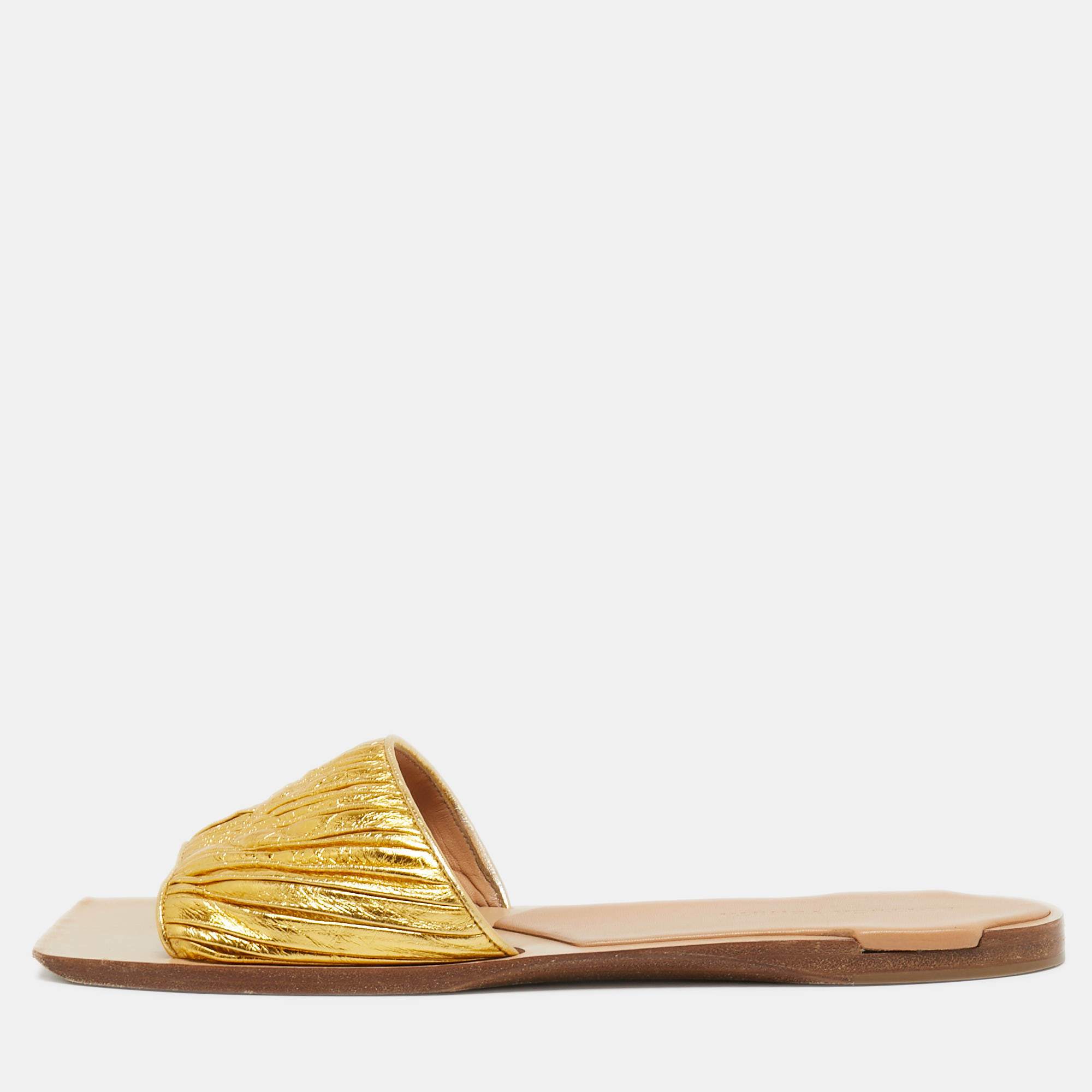 Pre Owned Bottega Veneta Gold Leather Slide Flats Size 41