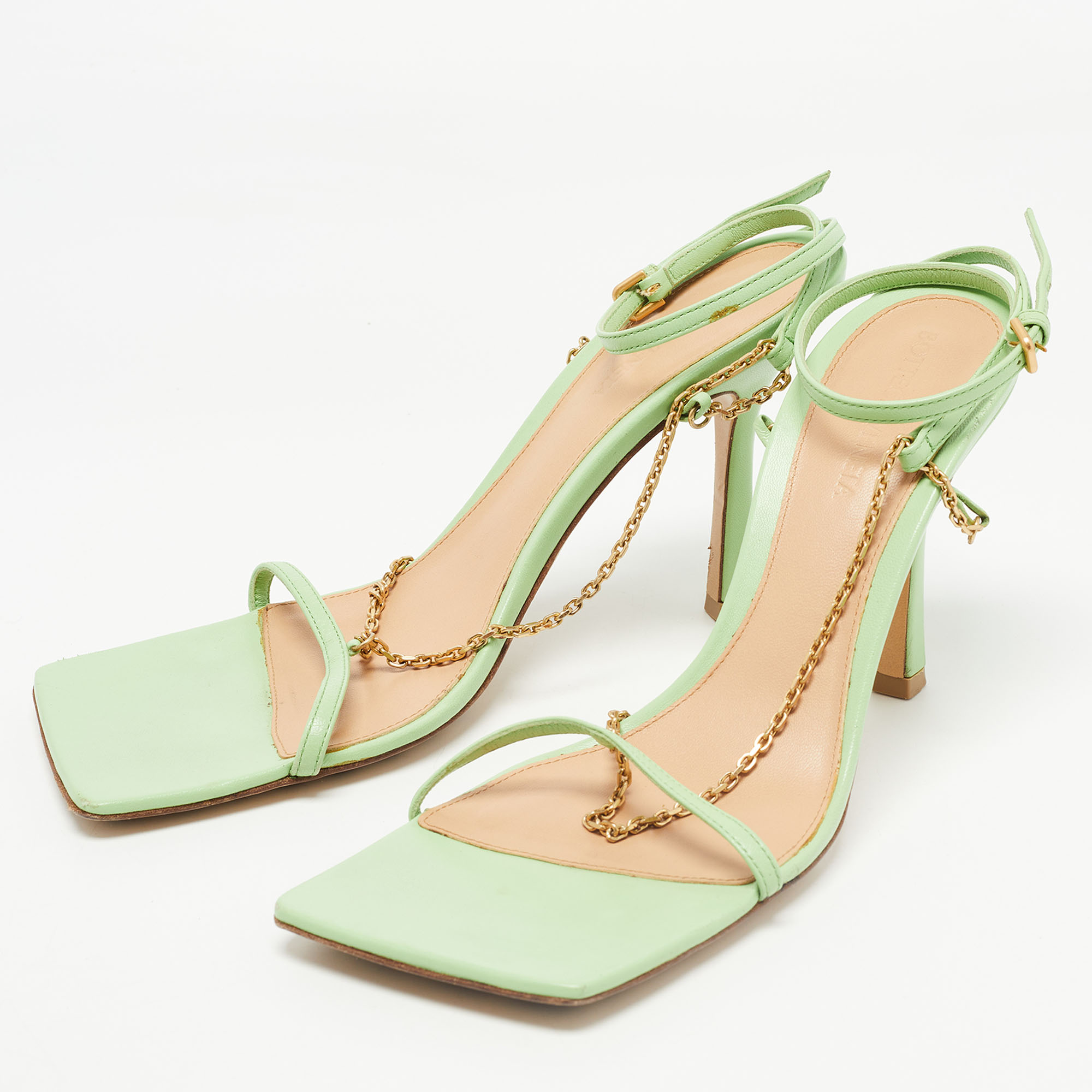

Bottega Veneta Green Leather Chain Ankle Strap Sandals Size
