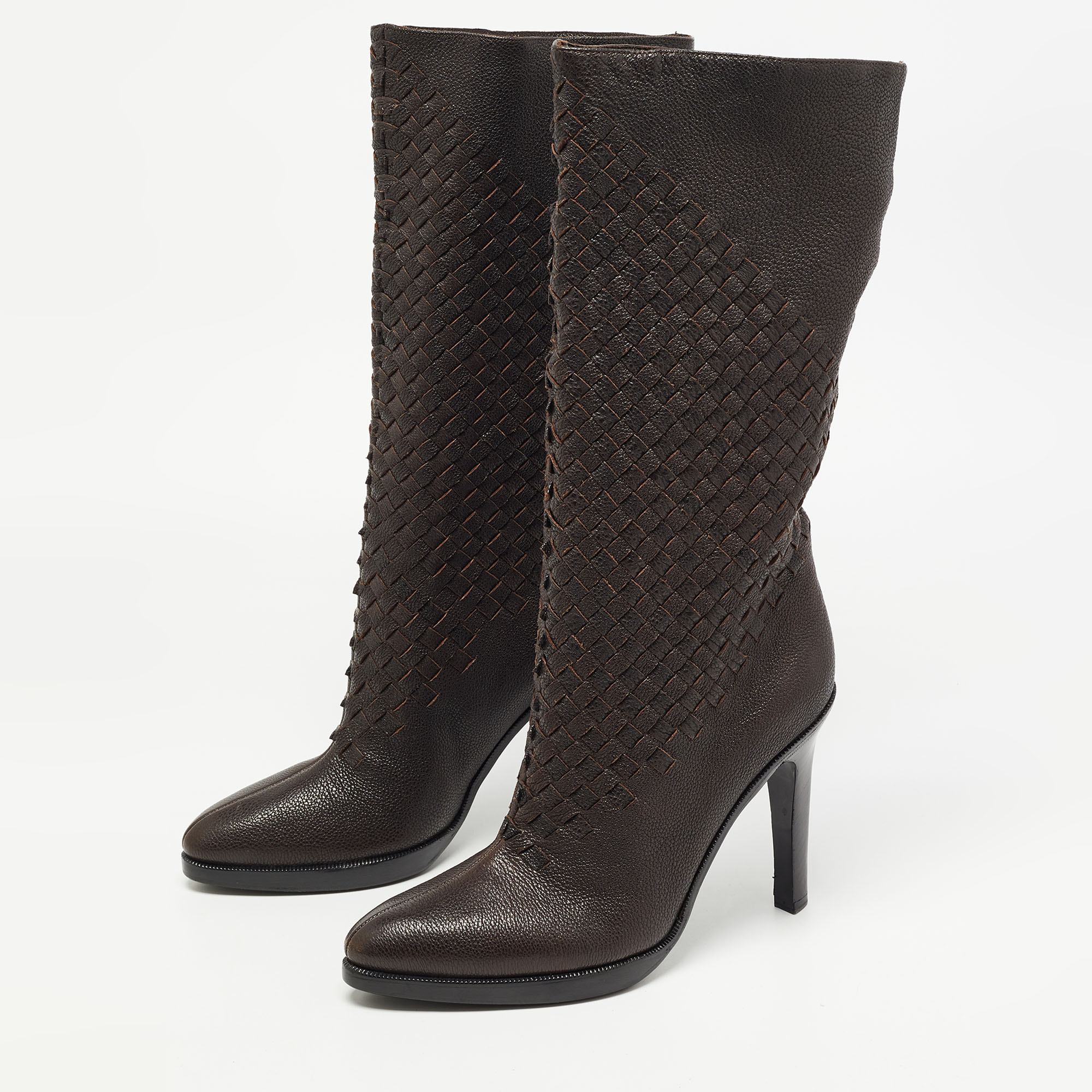 

Bottega Veneta Brown Leather Intrecciato Knee Length Boots Size