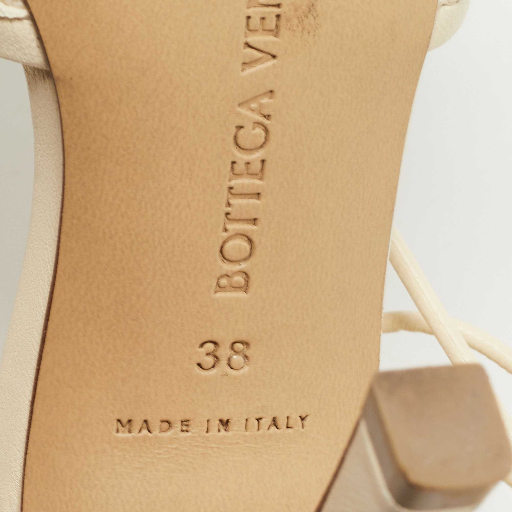 Pre Owned Bottega Veneta Cream Mesh and Leather Ankle Wrap Sandals Size 38
