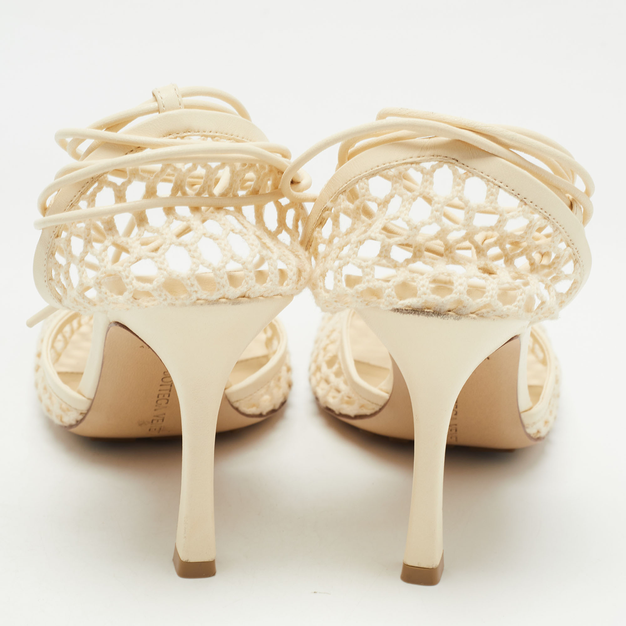 Pre Owned Bottega Veneta Cream Mesh and Leather Ankle Wrap Sandals Size 38