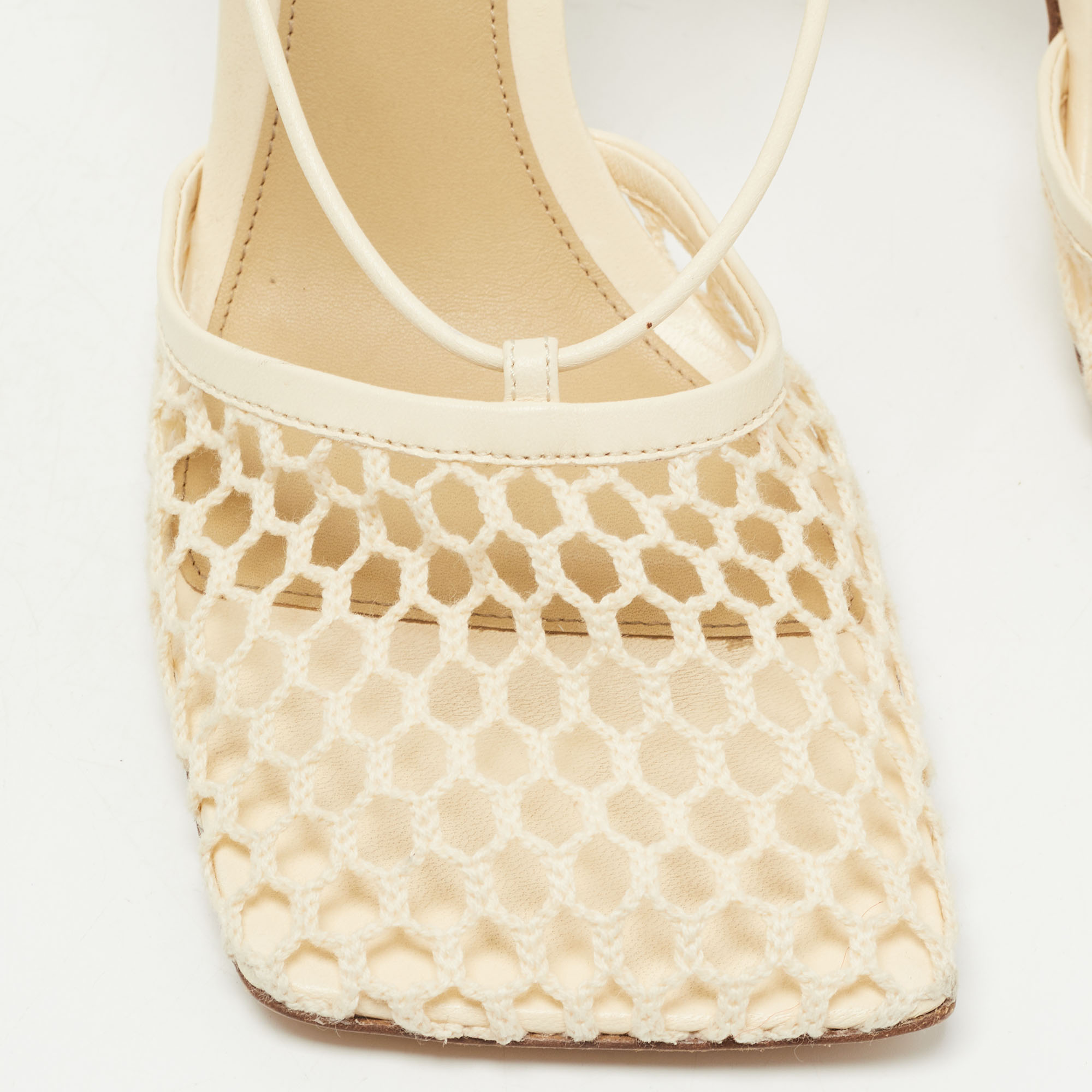 Pre Owned Bottega Veneta Cream Mesh and Leather Ankle Wrap Sandals Size 38