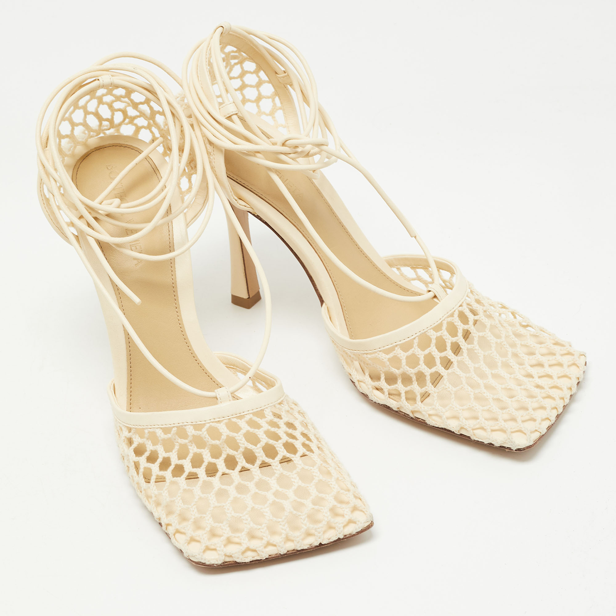 Pre Owned Bottega Veneta Cream Mesh and Leather Ankle Wrap Sandals Size 38