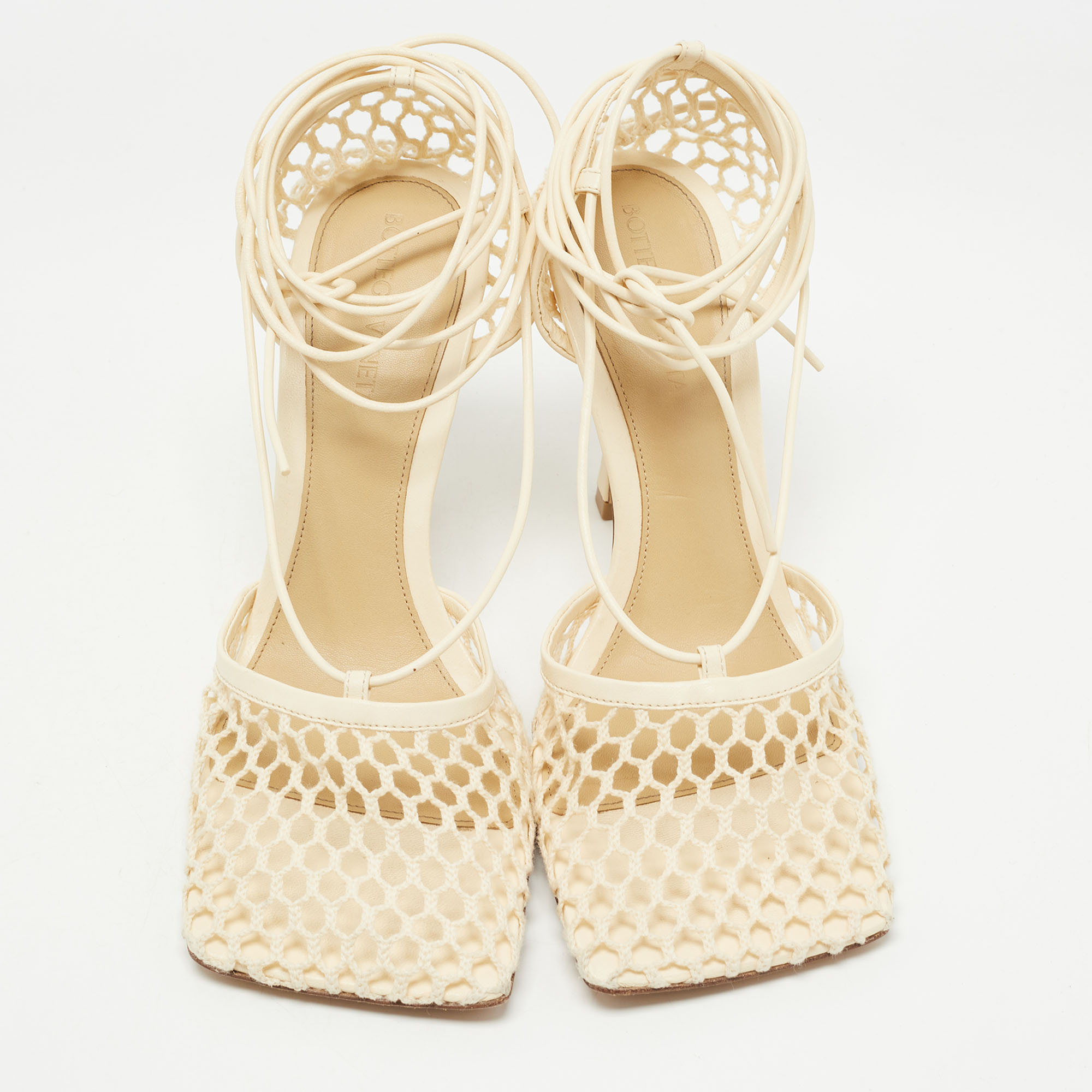 Pre Owned Bottega Veneta Cream Mesh and Leather Ankle Wrap Sandals Size 38
