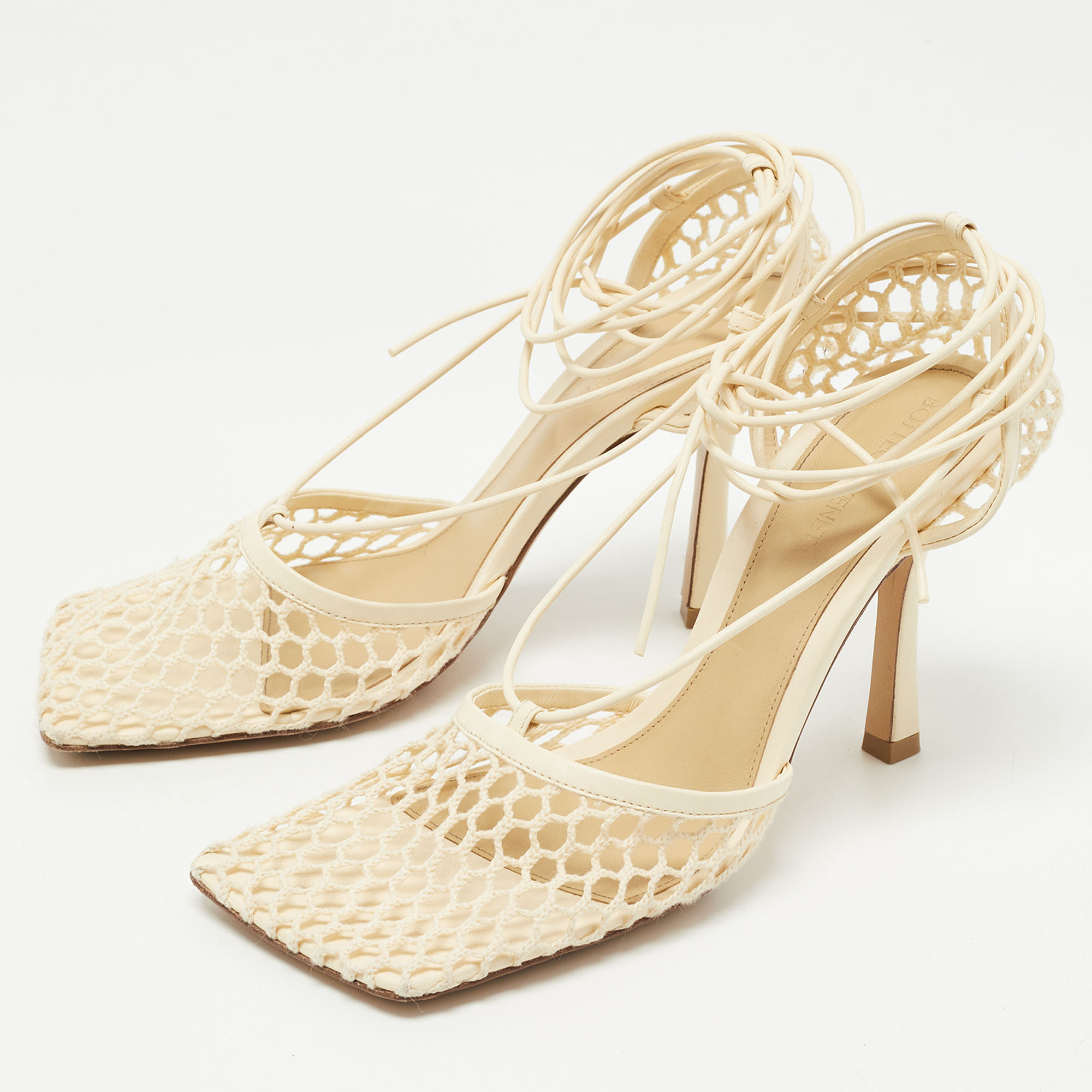 

Bottega Veneta Cream Mesh and Leather Ankle Wrap Sandals Size