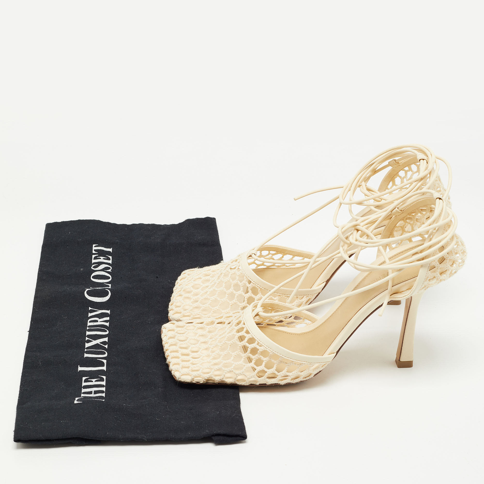 Pre Owned Bottega Veneta Cream Mesh and Leather Ankle Wrap Sandals Size 38