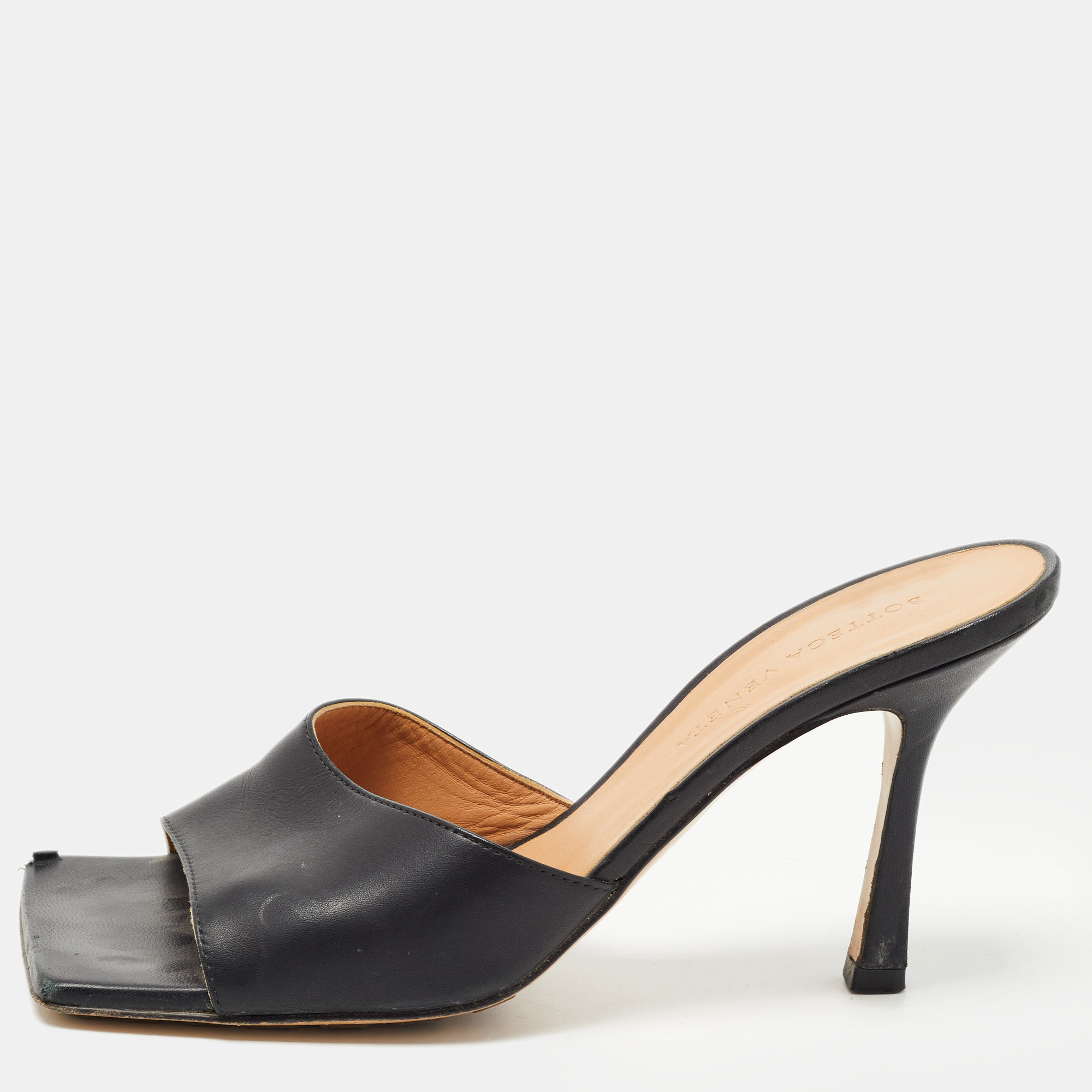 Pre Owned Bottega Veneta Black Leather Stretch Slide Sandals Size 37