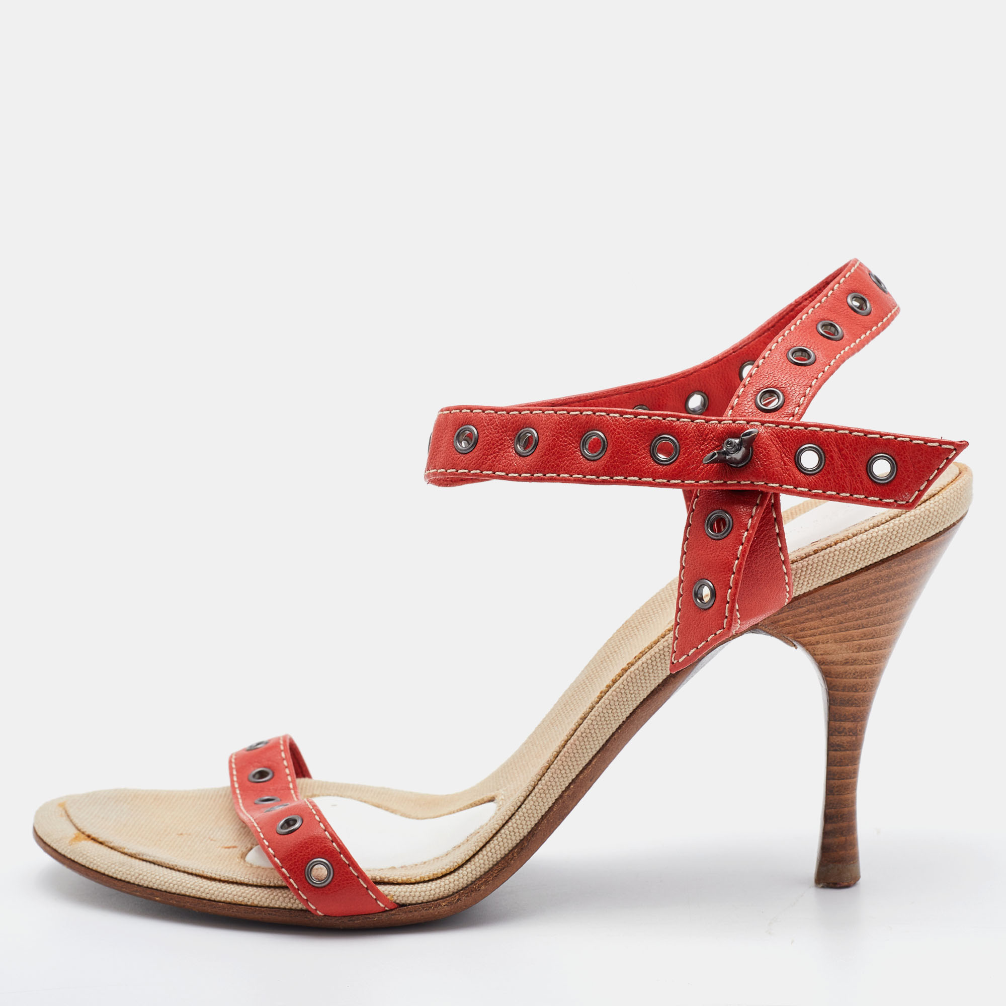 Pre-owned Bottega Veneta Red Eyelets Leather Ankle Strap Sandals Size 35.5