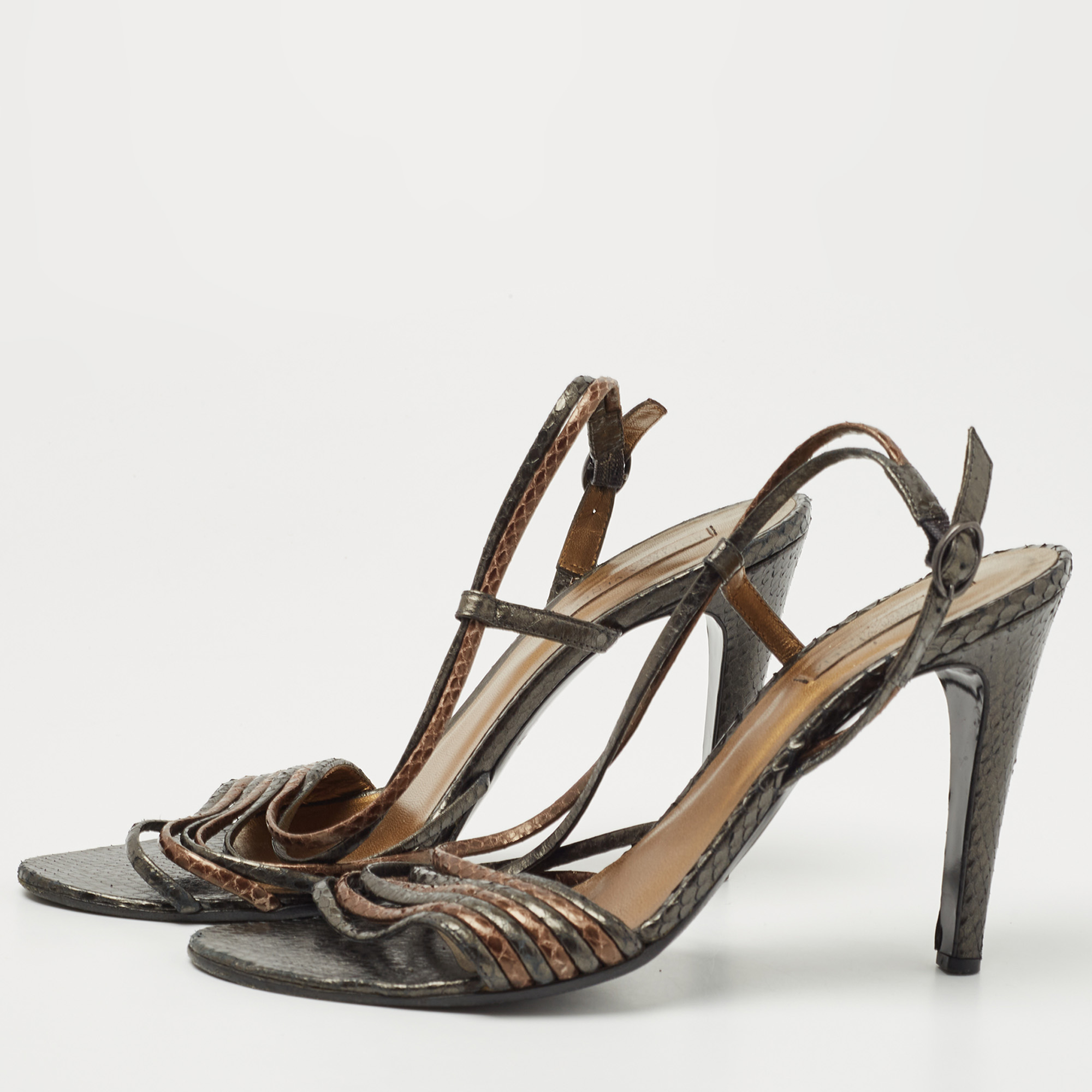 

Bottega Veneta Metallic Snakeskin Leather Strappy Slingback Sandals Size