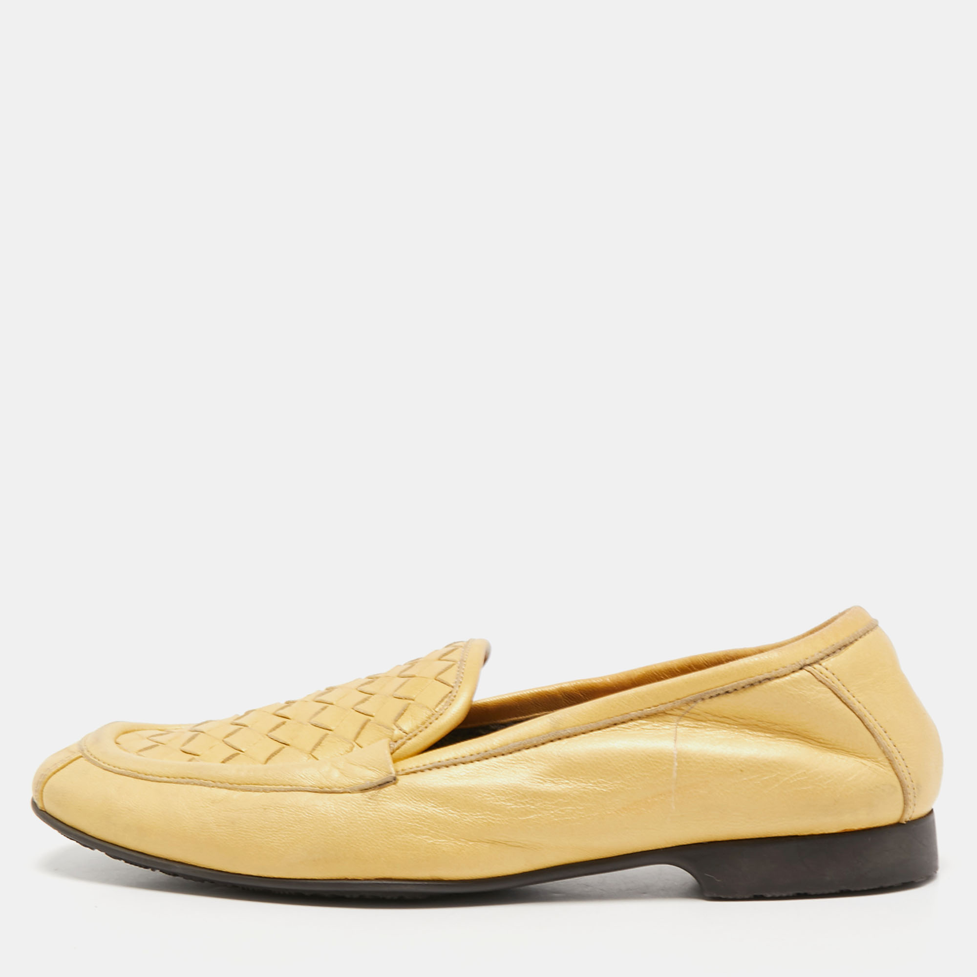 Pre-owned Bottega Veneta Yellow Intrecciato Leather Slip On Loafers Size 35