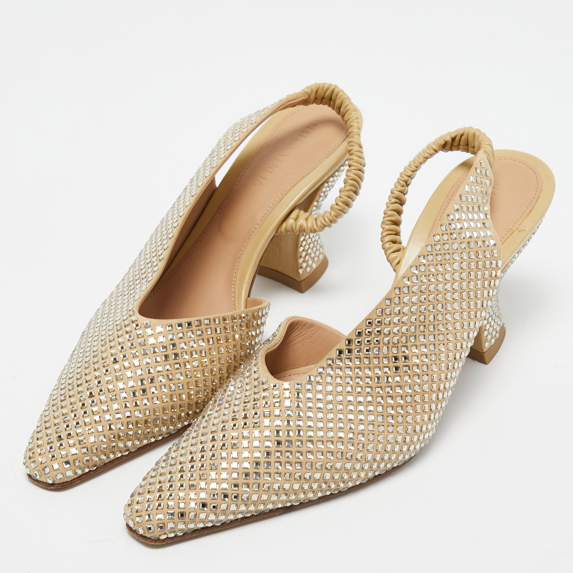 

Bottega Veneta Beige Crystal Embellished Suede Slingback Pumps Size