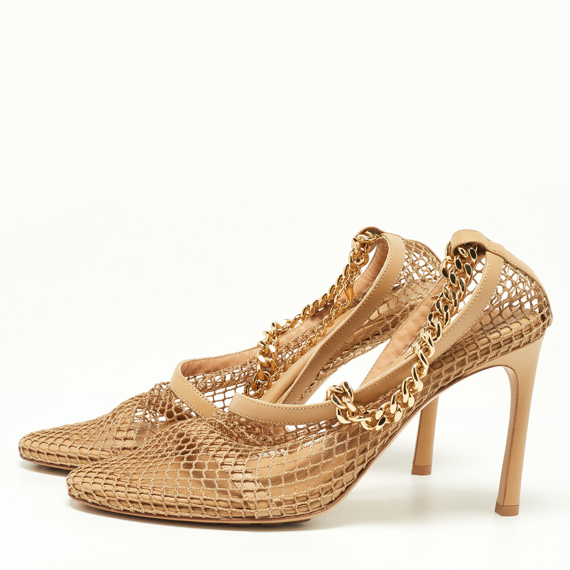 

Bottega Veneta Beige Mesh and Leather Chunky Chain Ankle Strap Pumps Size