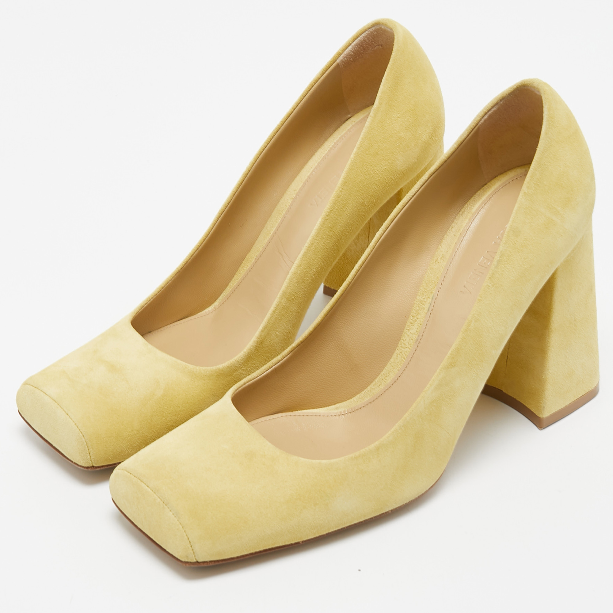 

Bottega Veneta Yellow Suede Square Toe Block Heel Pumps Size