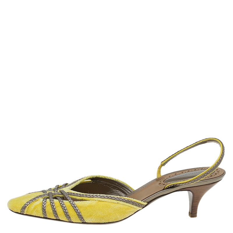 

Bottega Veneta Canary Yellow Velvet and Leather Slingback Sandals Size