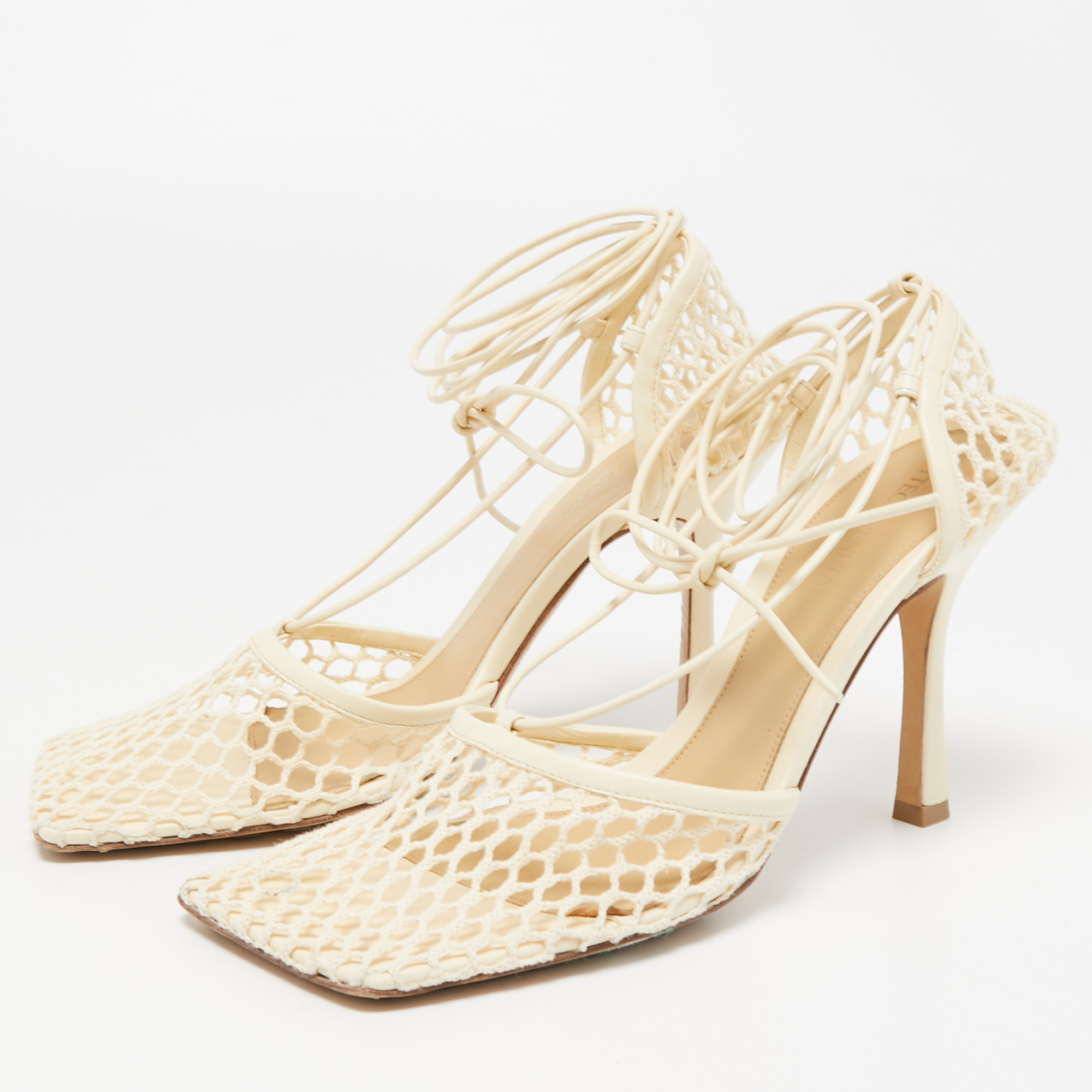 

Bottega Veneta Cream Mesh and Leather Ankle Wrap Pumps Size, White