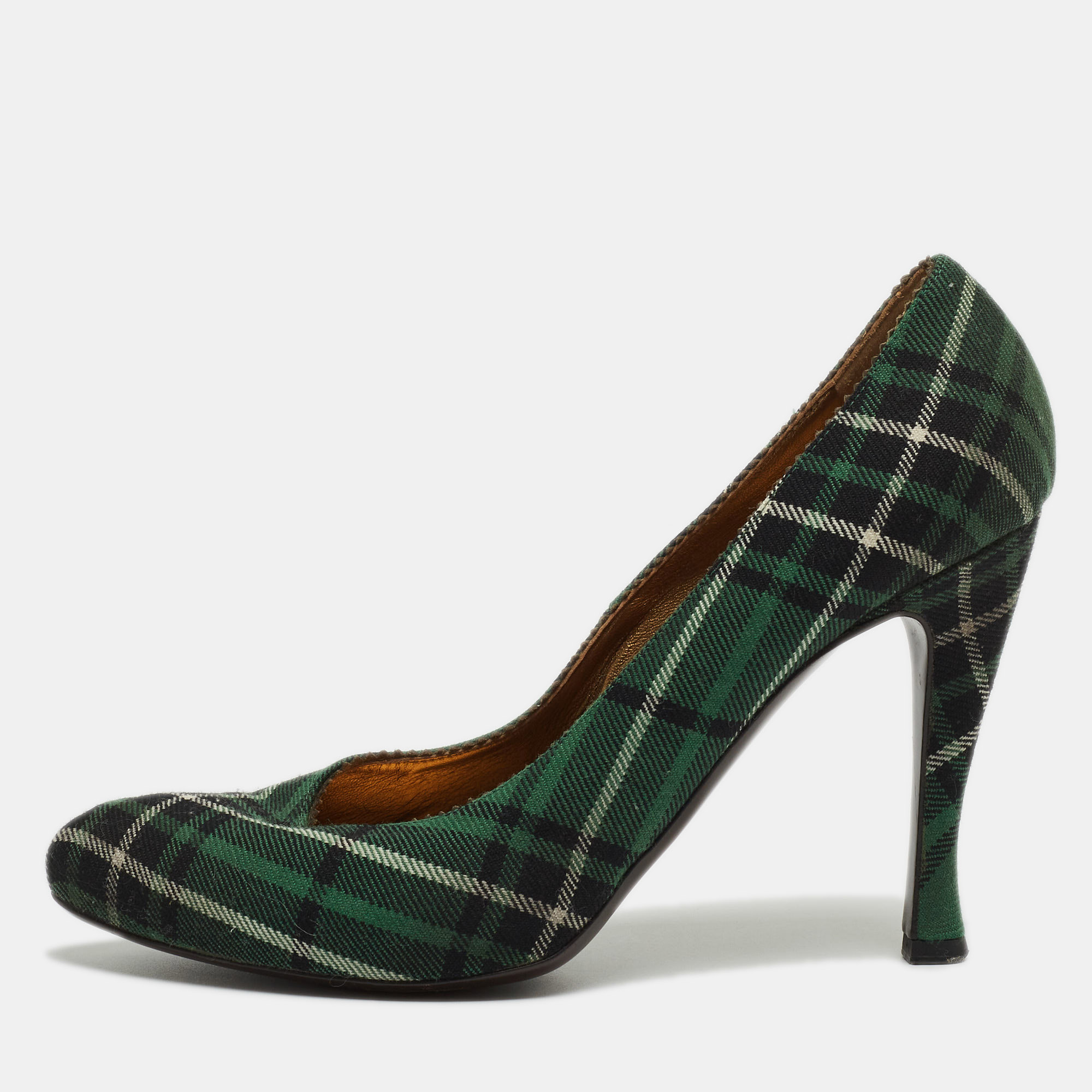 

Bottega Veneta Green Plaid Canvas Pumps Size