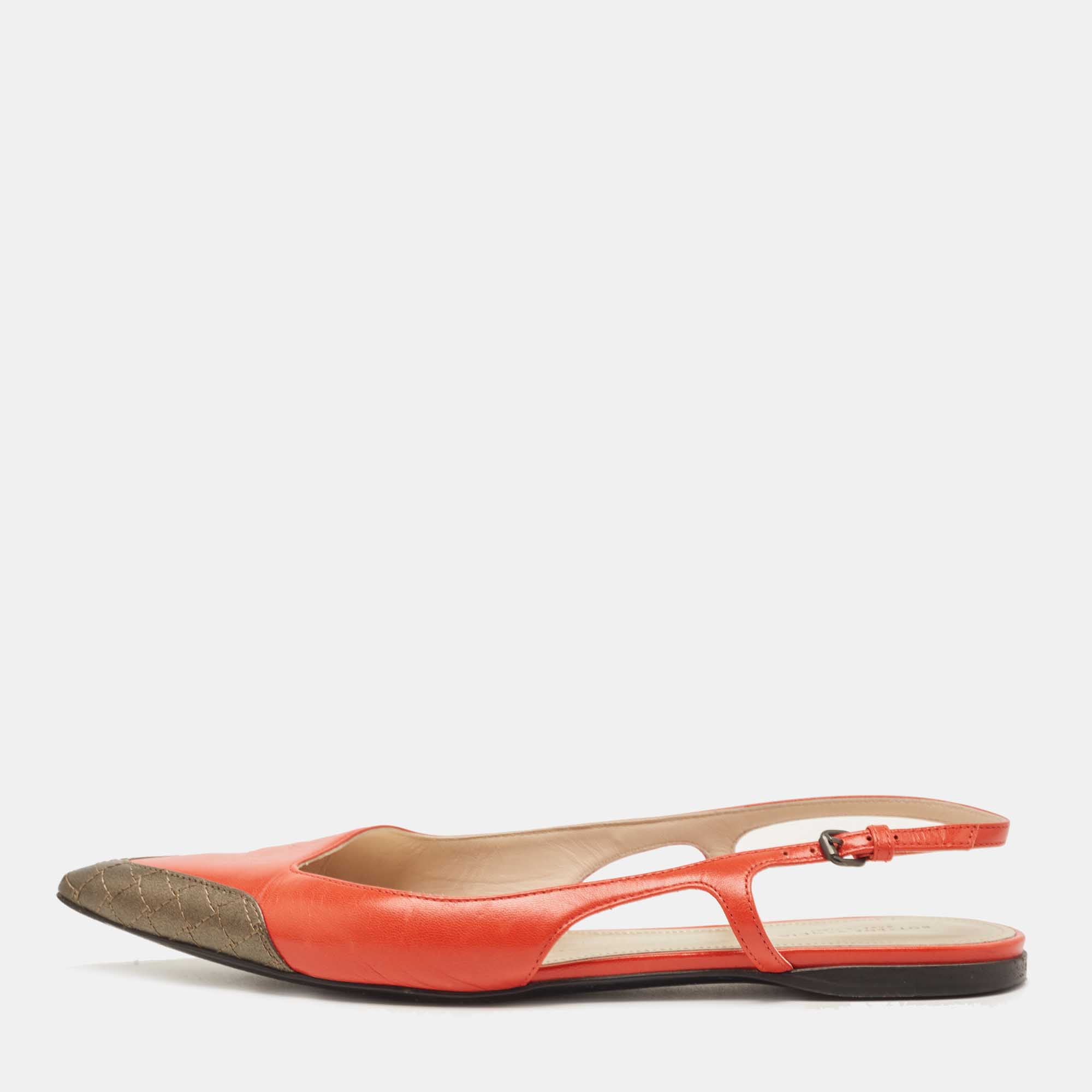 

Bottega Veneta Orange/Metallic Leather Slingback Flats Size