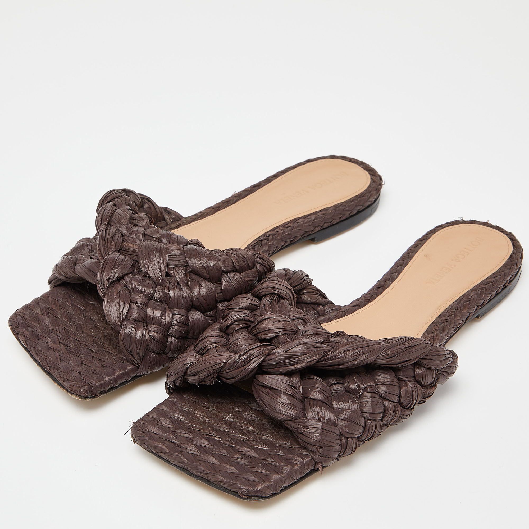 

Bottega Veneta Brown Woven Straw Lido Flat Slide Sandals Size