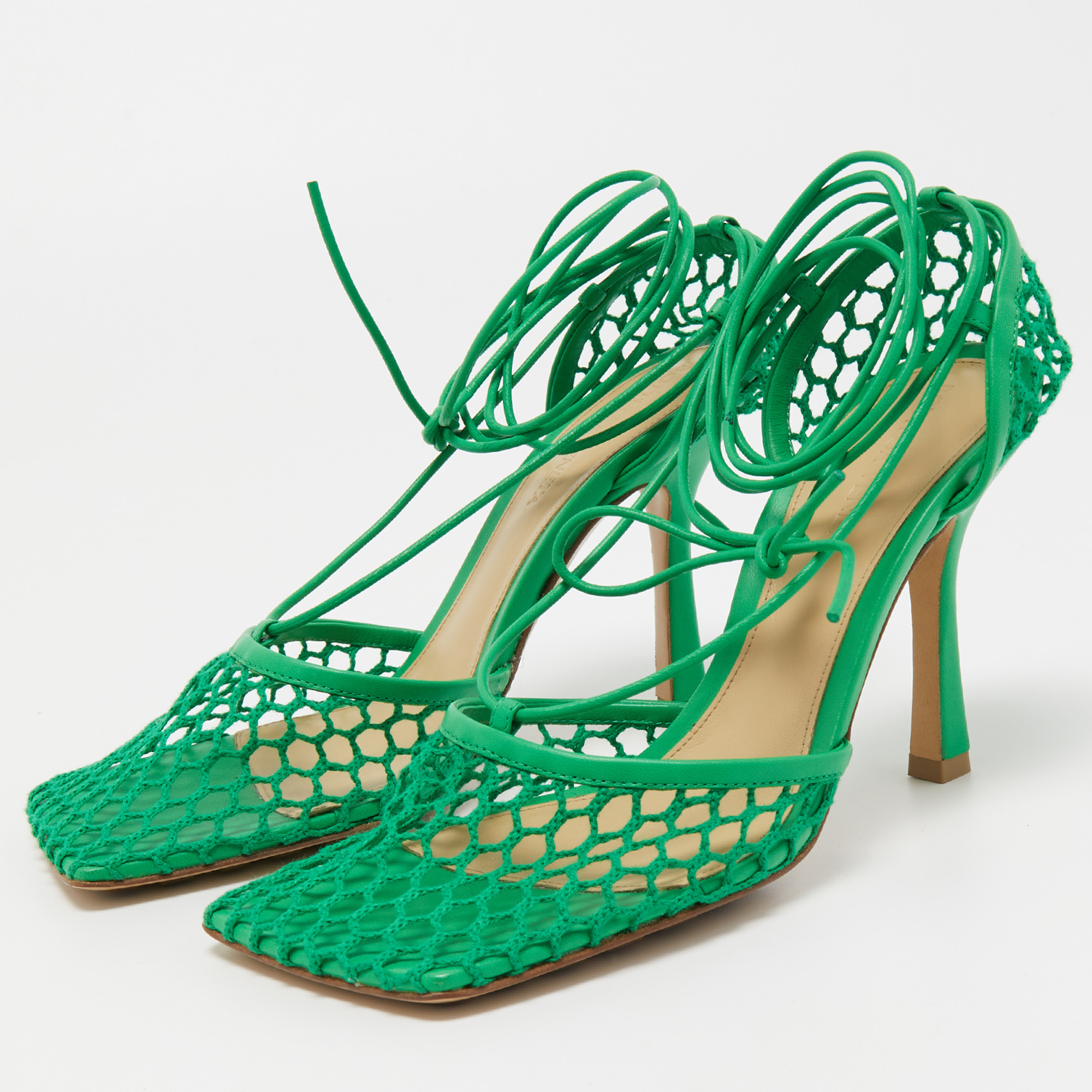 

Bottega Veneta Green Mesh and Leather Stretch Ankle Wrap Pumps Size