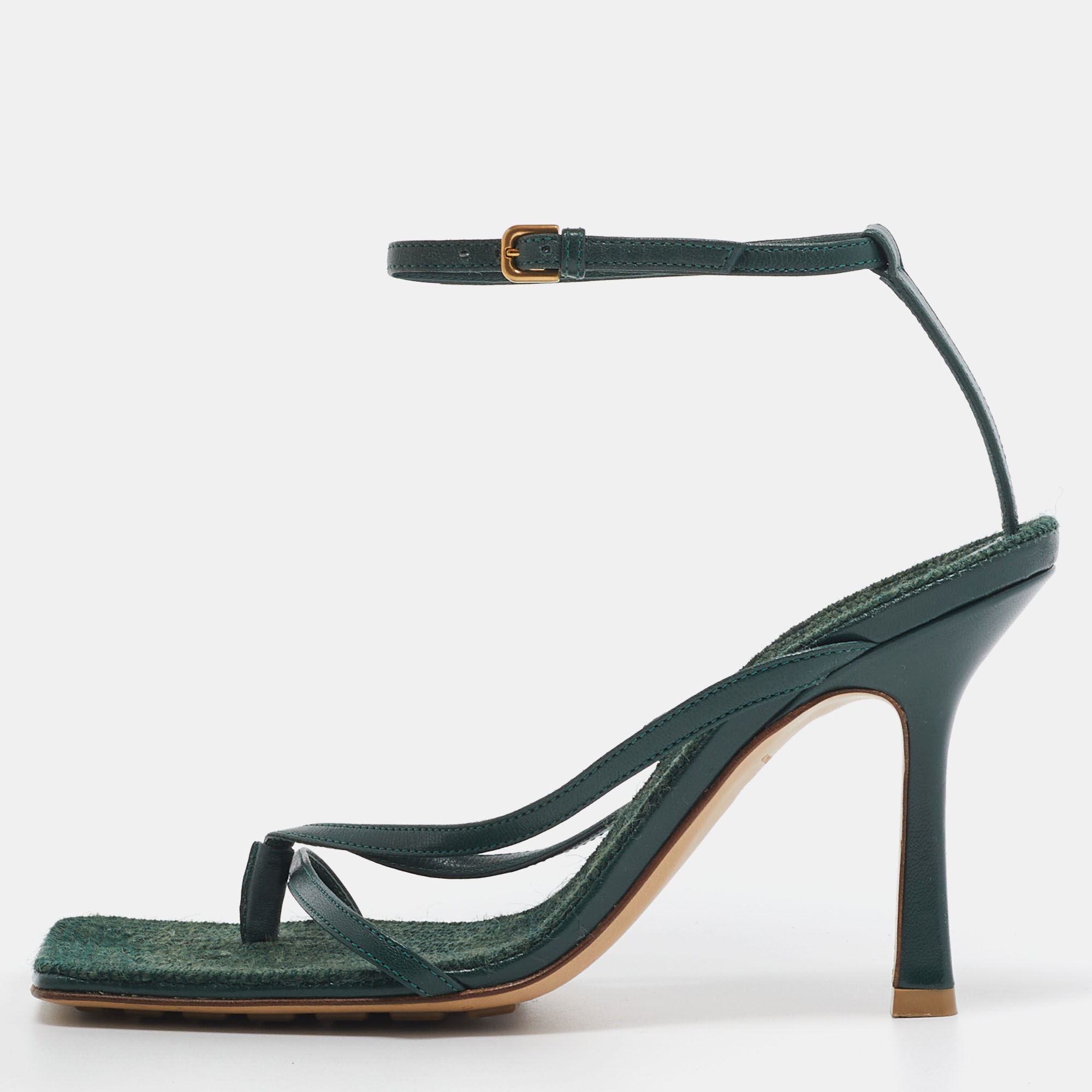 Pre-owned Bottega Veneta Green Leather Stretch Ankle Strap Sandals Size 36