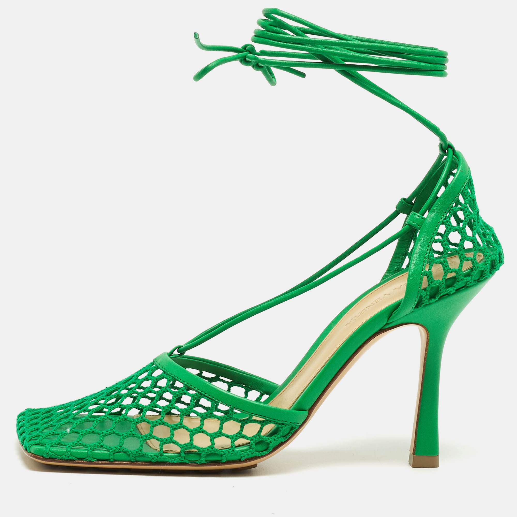 Pre-owned Bottega Veneta Green Mesh Stretch Ankle Tie Pumps Size 37.5