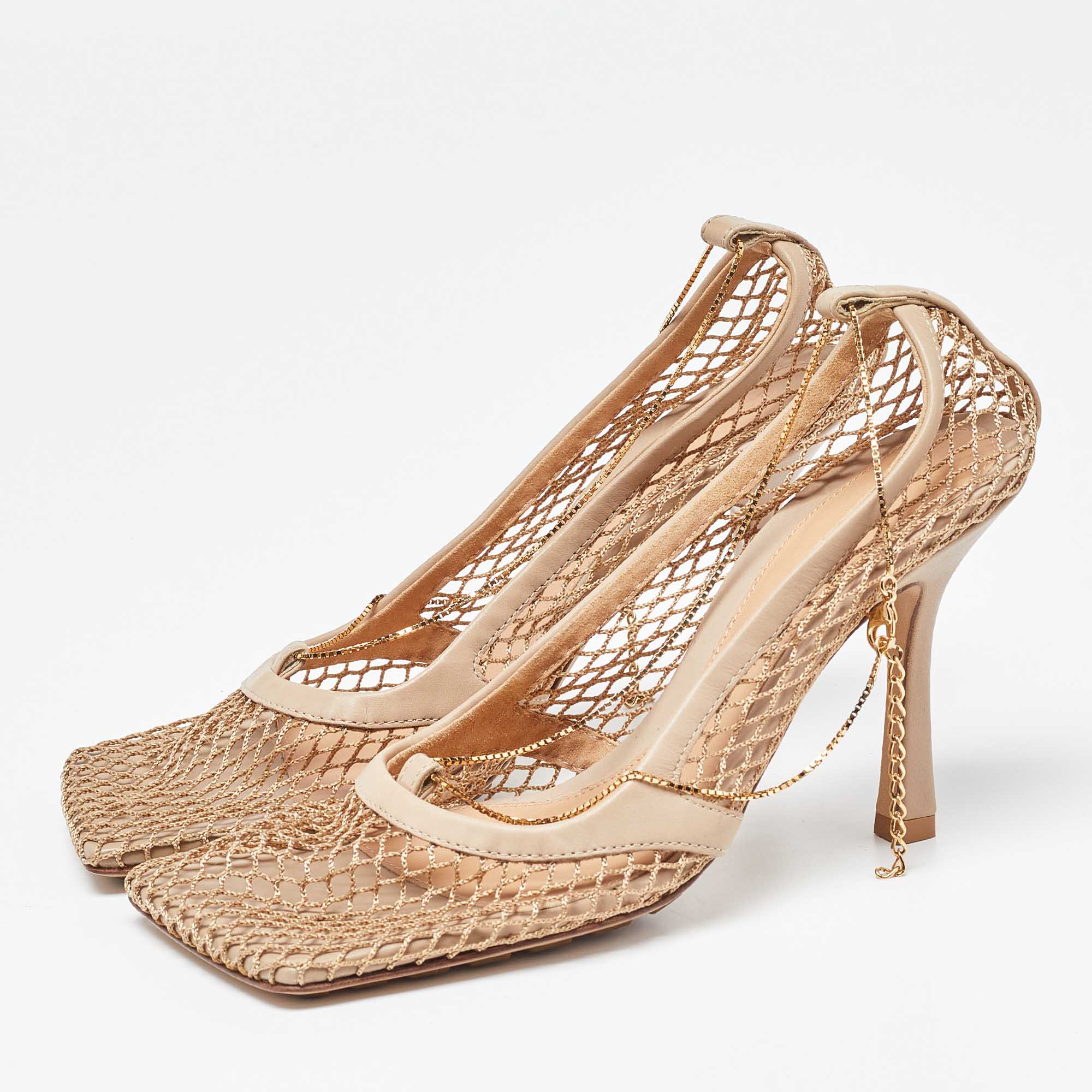 

Bottega Veneta Beige Leather and Stretch Mesh Chain Link Pumps Size