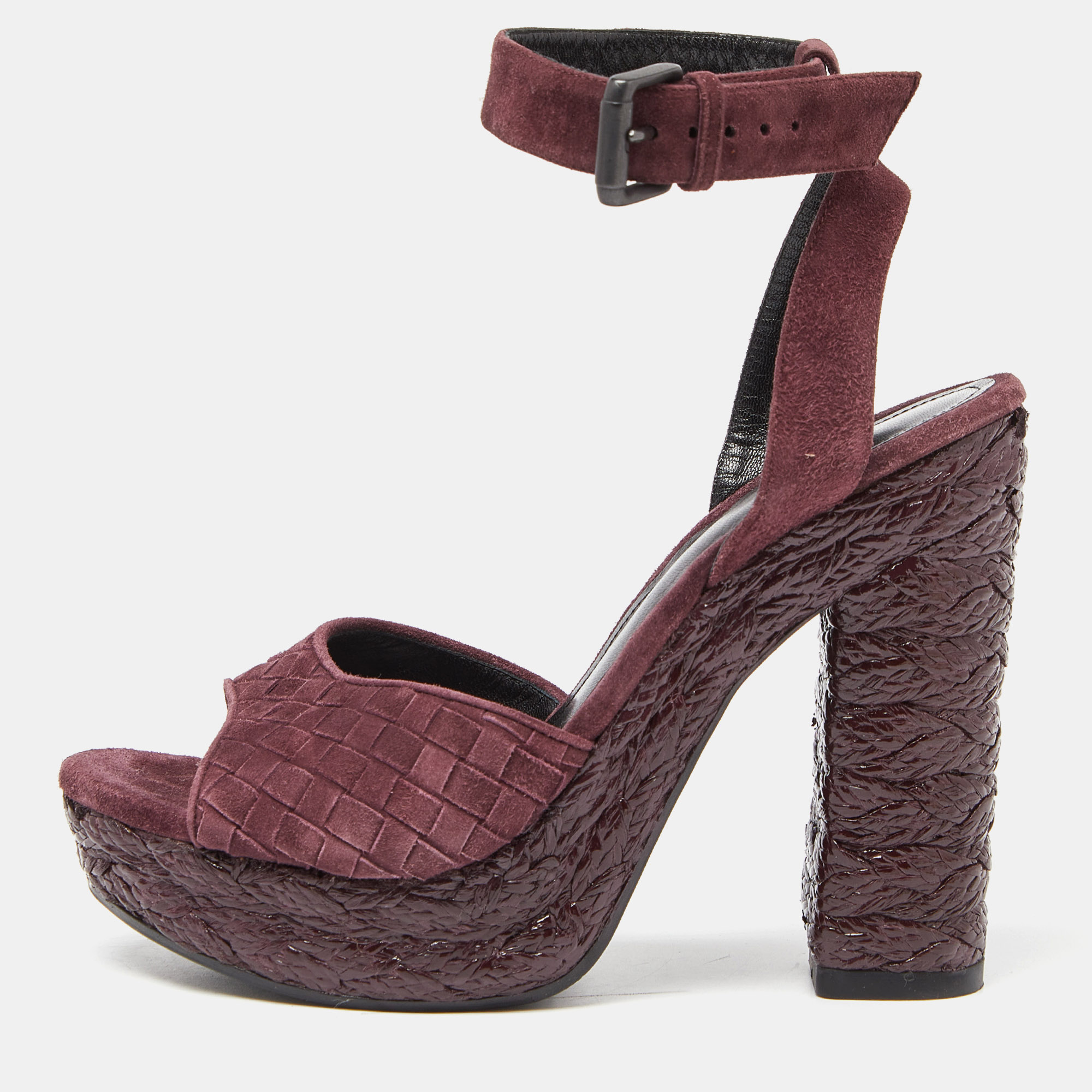 

Bottega Veneta Plum Intrecciato Suede Coated Espadrille Platform Ankle Strap Sandals Size, Purple