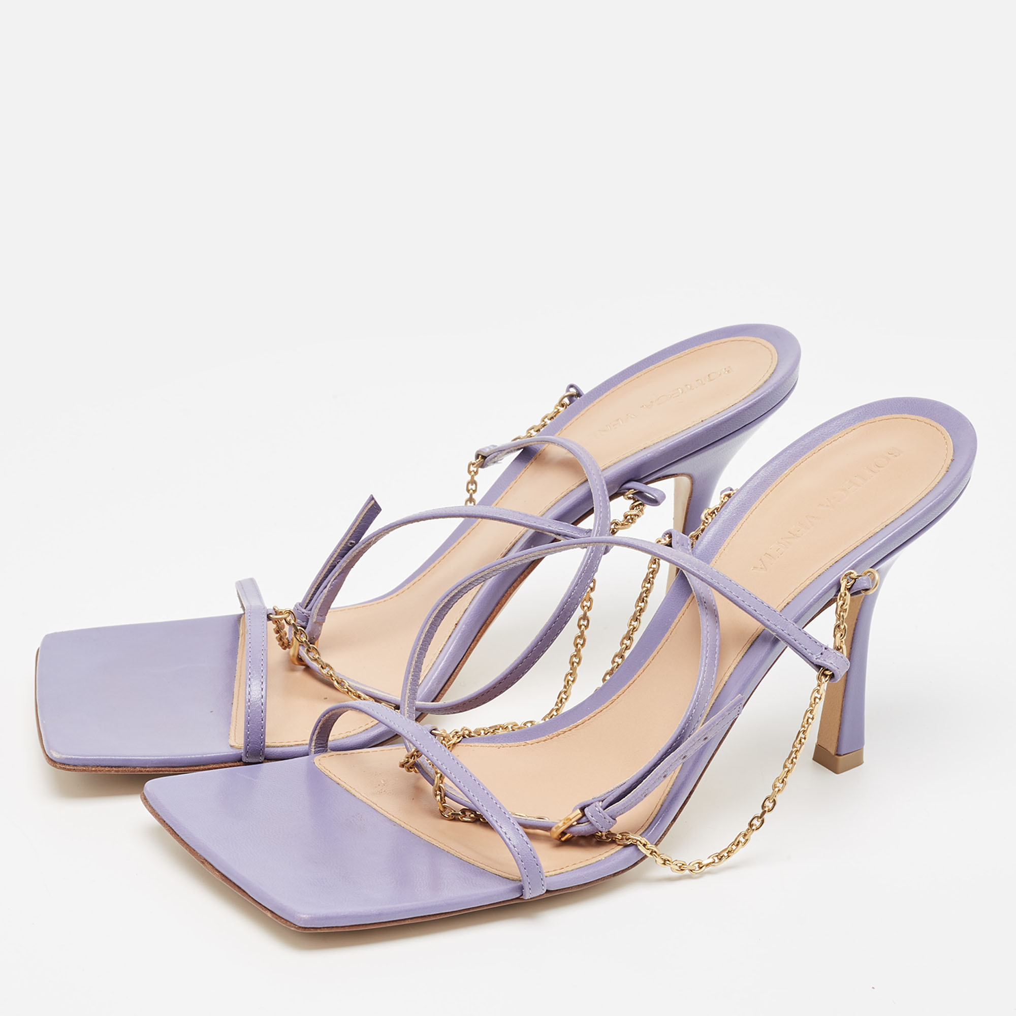 

Bottega Veneta Purple Leather Chain Ankle Strap Sandals Size