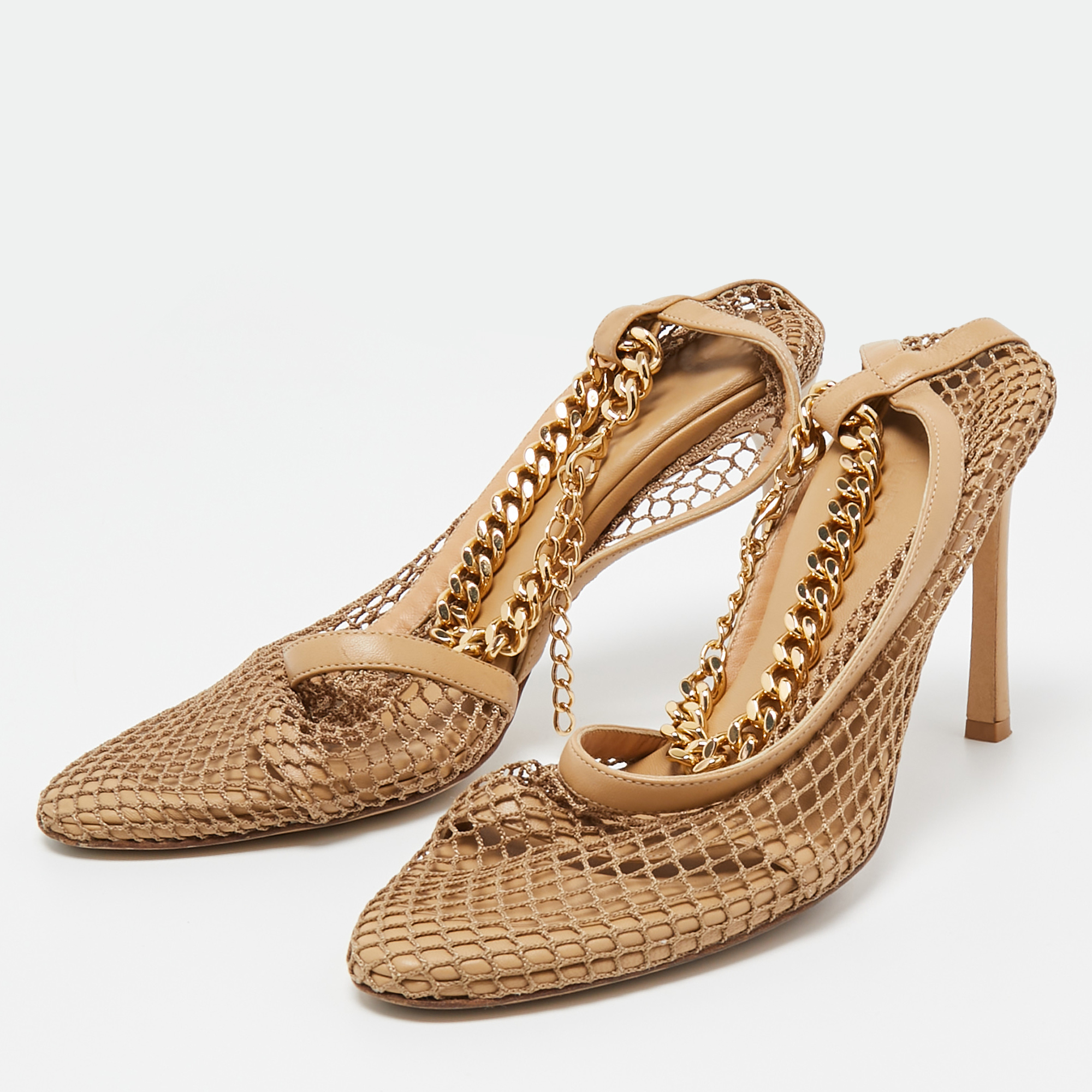 

Bottega Veneta Beige Mesh and Leather Ankle Chain D'orsay Pumps Size