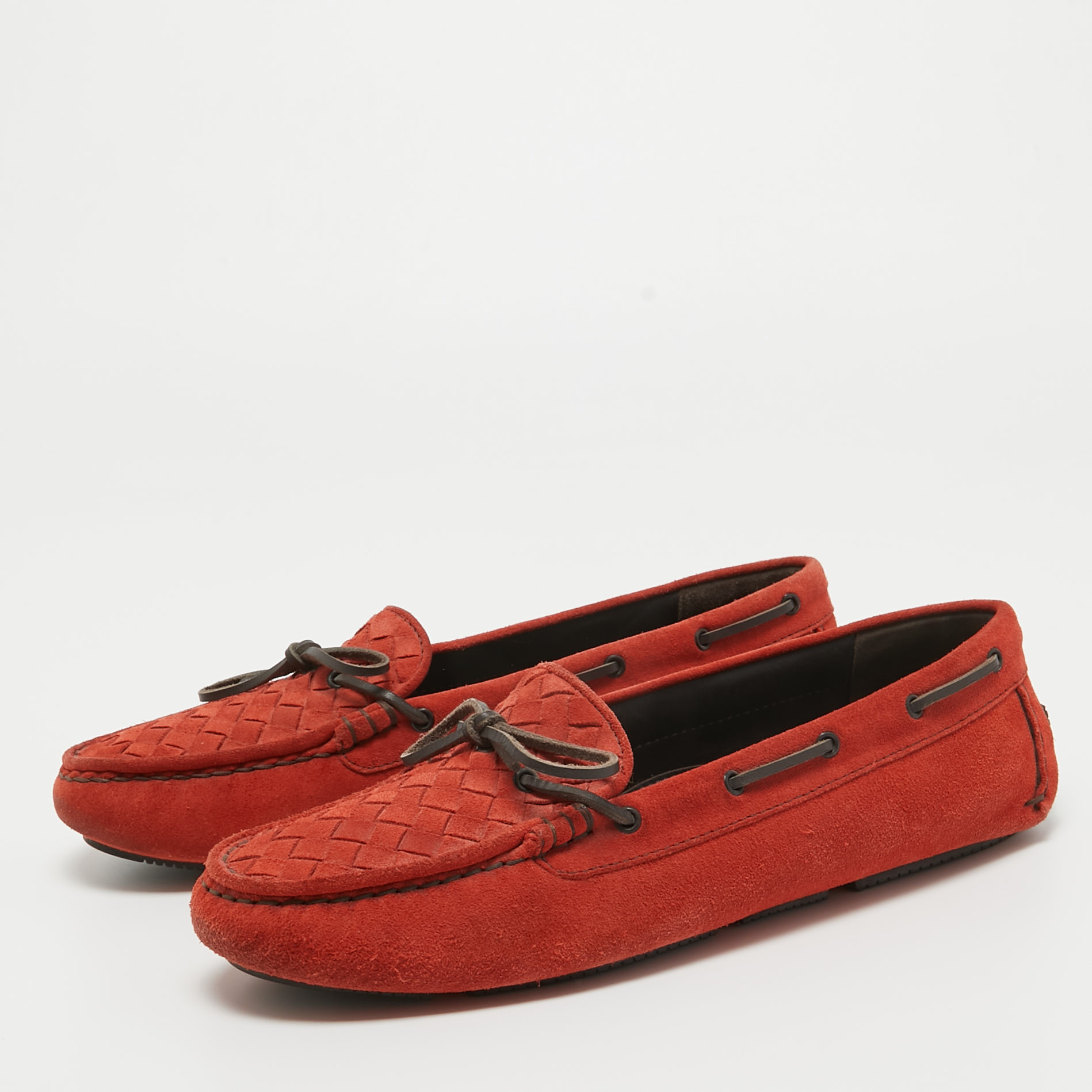 

Bottega Veneta Orange Suede Bow Slip On Loafers Size