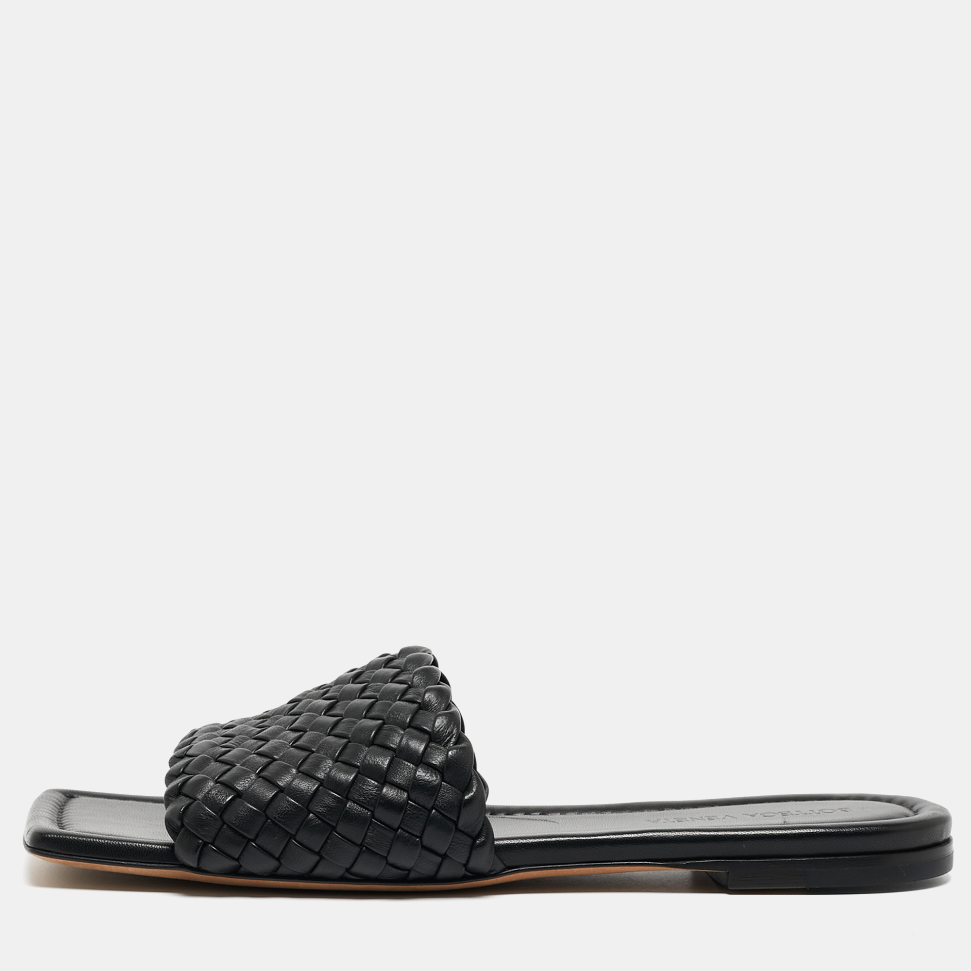 Pre Owned Bottega Veneta Black Intrecciato Leather Flat Slides Size 39