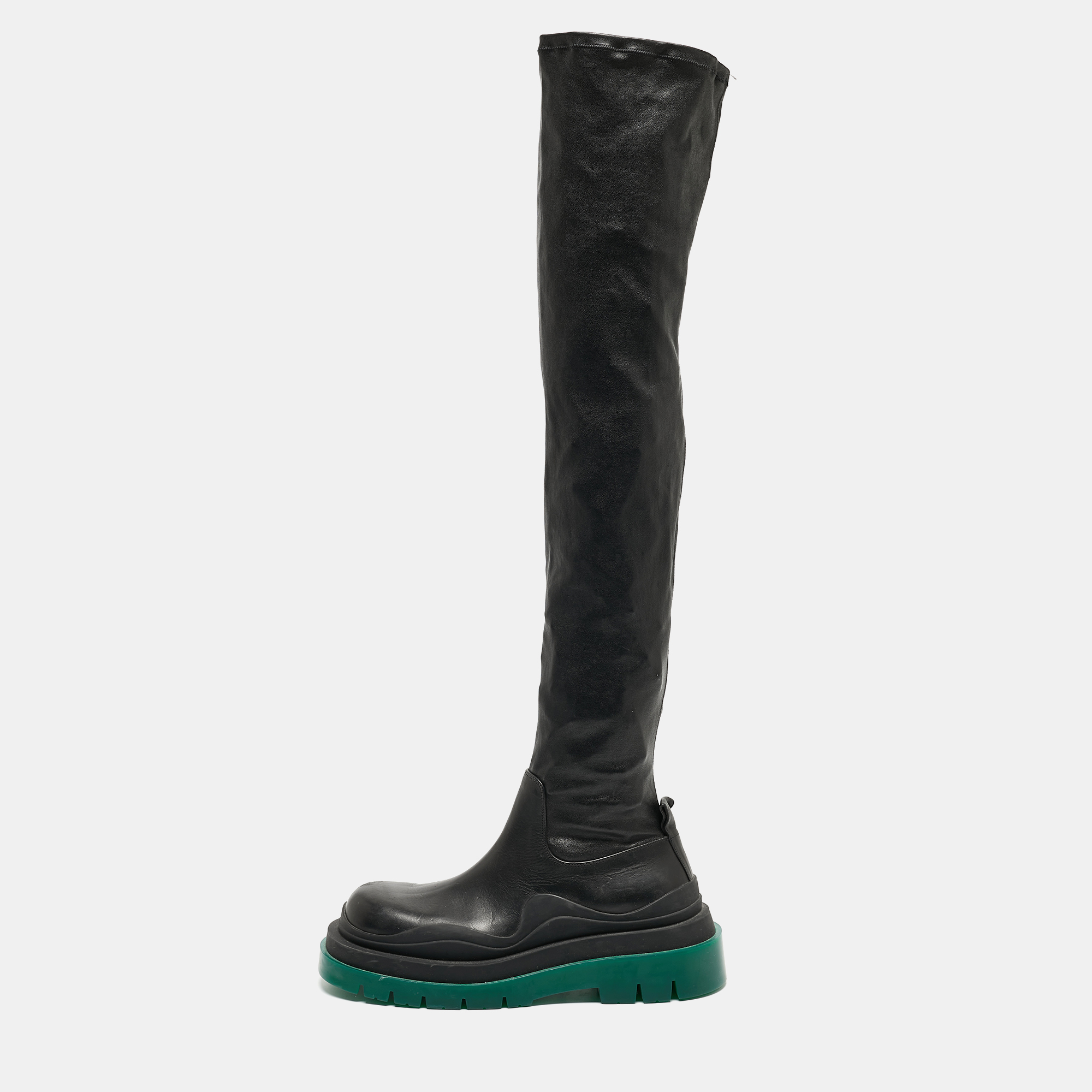 Pre-owned Bottega Veneta Black Leather Lug Sole Knee Length Boots Size 39