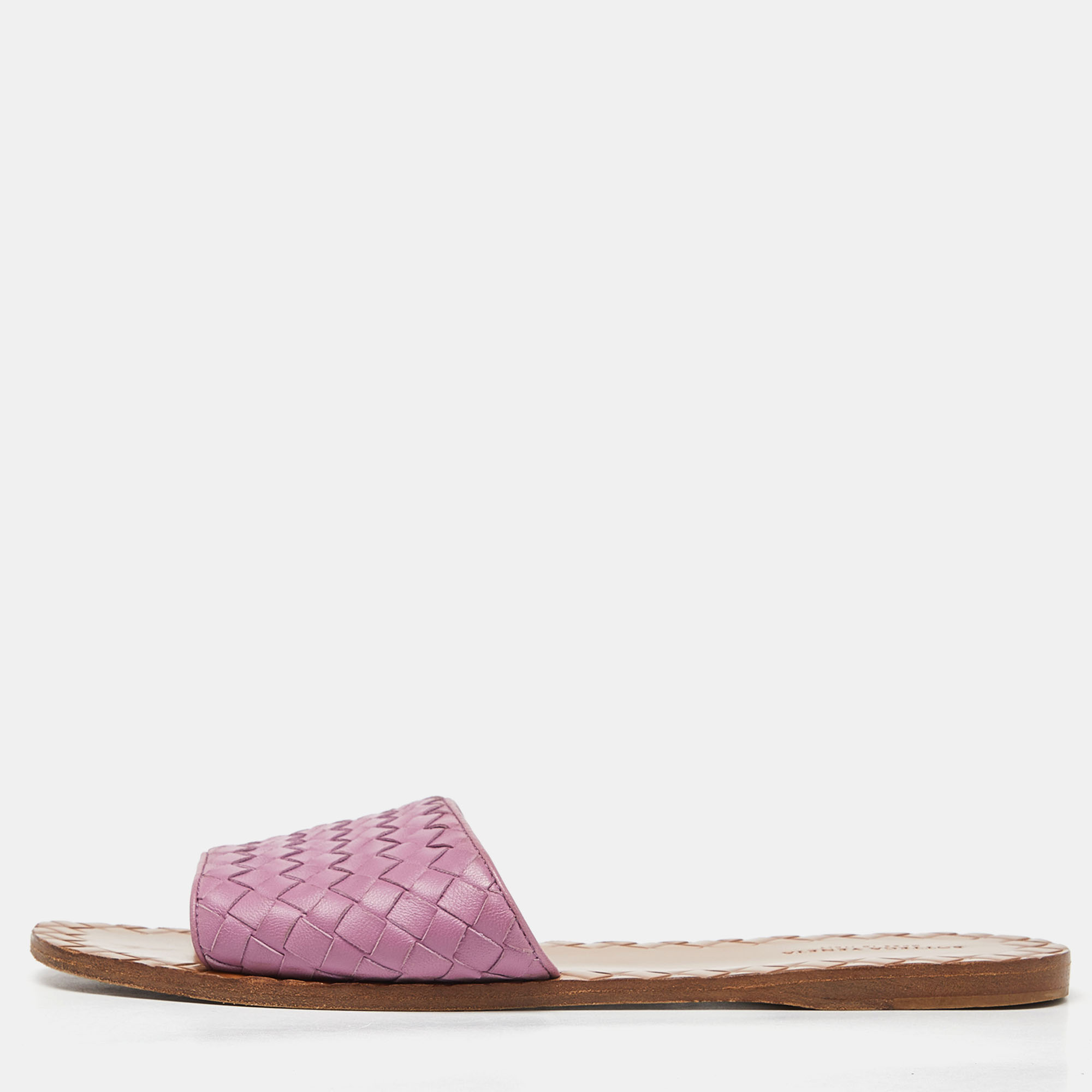 

Bottega Veneta Pink Leather Intrecciato Flat Slides Size