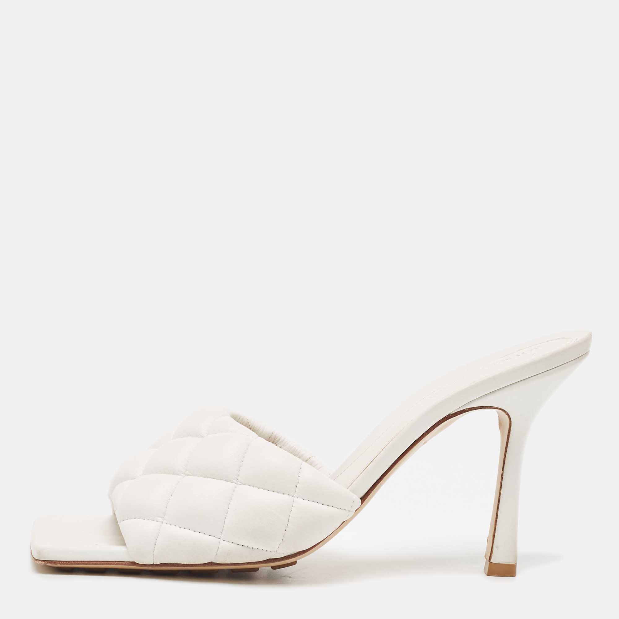 Pre-owned Bottega Veneta White Intrecciato Leather Lido Slide Sandals Size 38