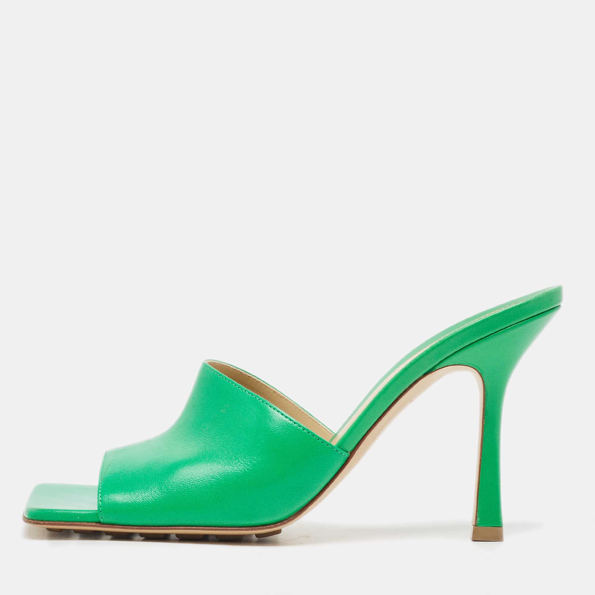 Pre-owned Bottega Veneta Green Leather Square Open Toe Slide Sandals Size 38
