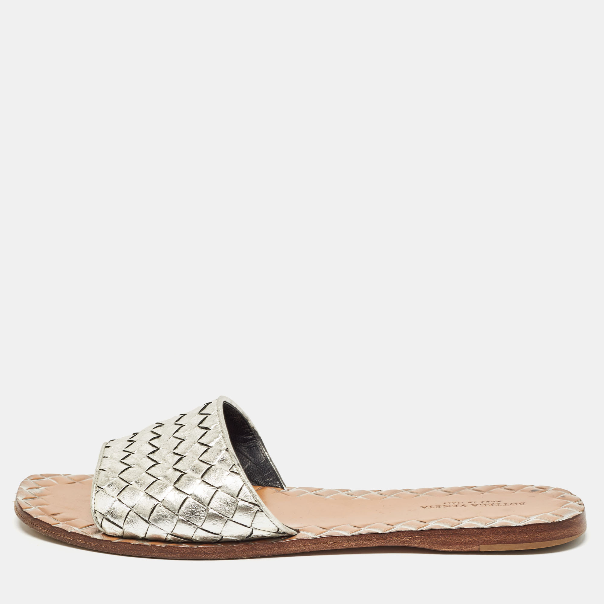 Pre Owned Bottega Veneta Metallic Silver Intrecciato Leather Flat Slides Size 37.5