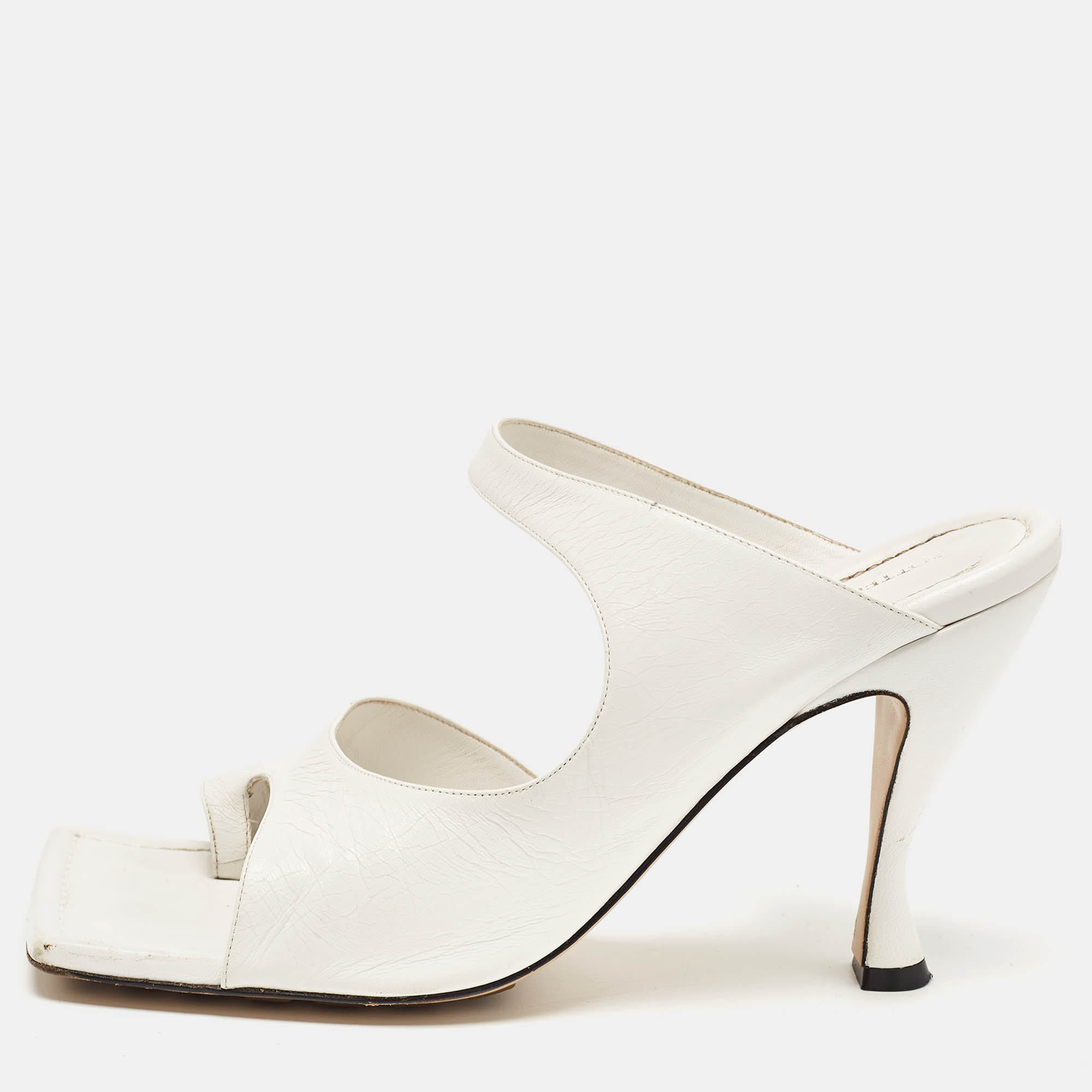 Pre-owned Bottega Veneta White Leather Square Toe Slide Sandals Size 40