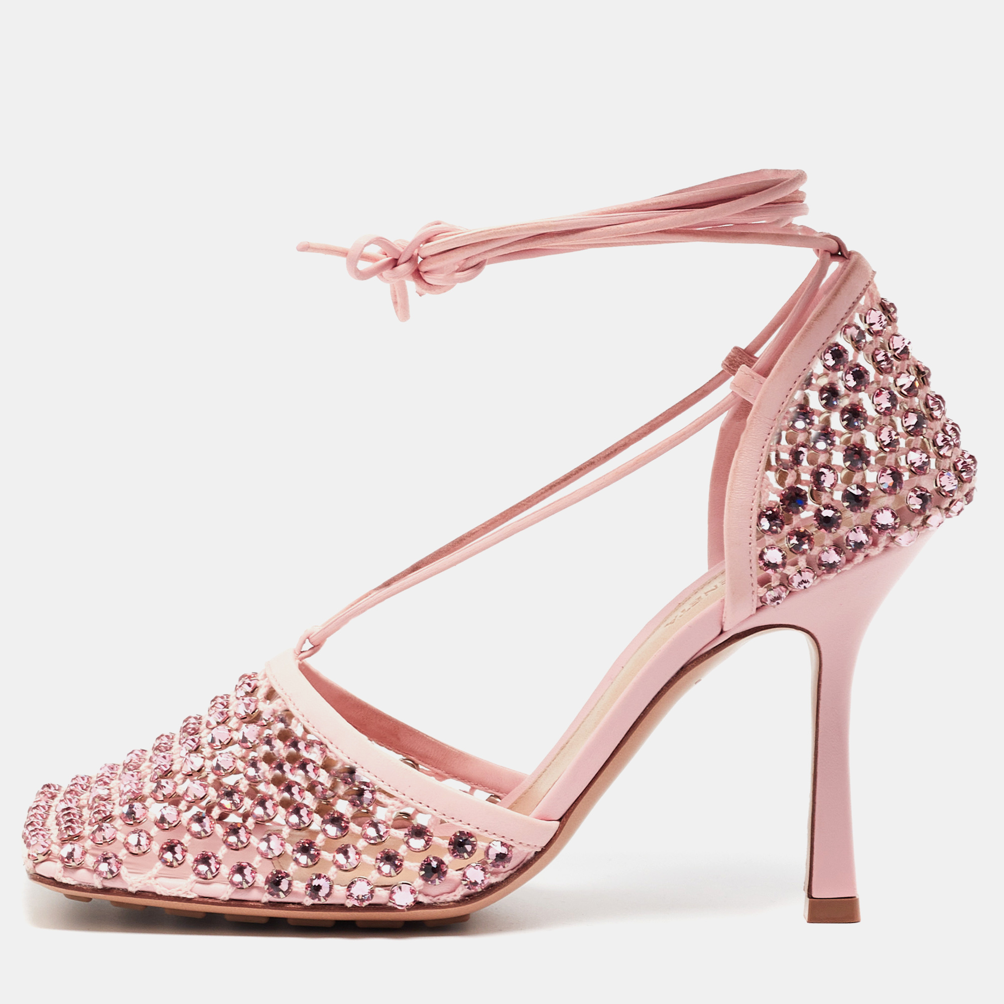 

Bottega Veneta Pink Leather and Mesh Ankle Tie Sandals Size