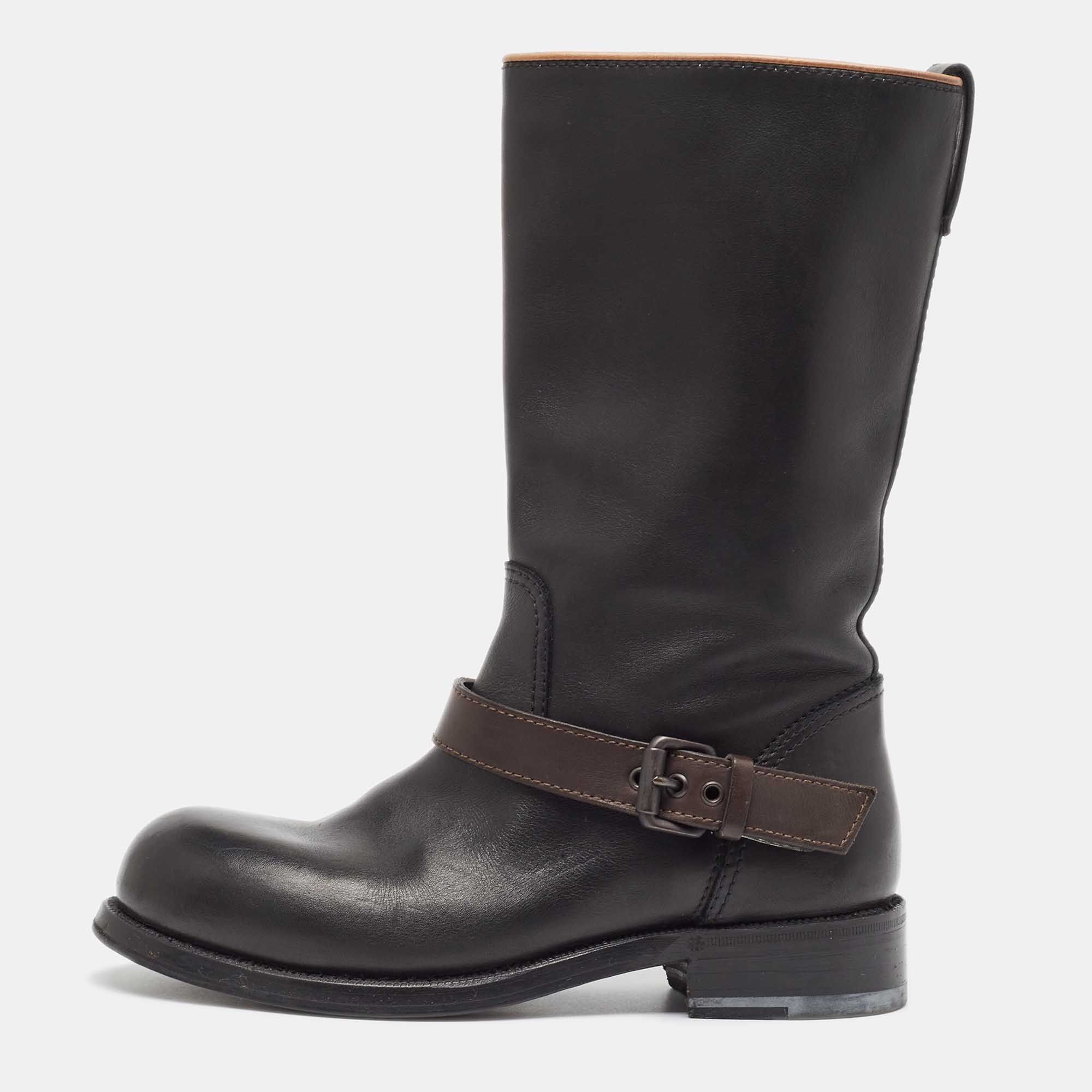 

Bottega Veneta Black/Brown Leather Buckle Detail Mid Calf Length Boots Size