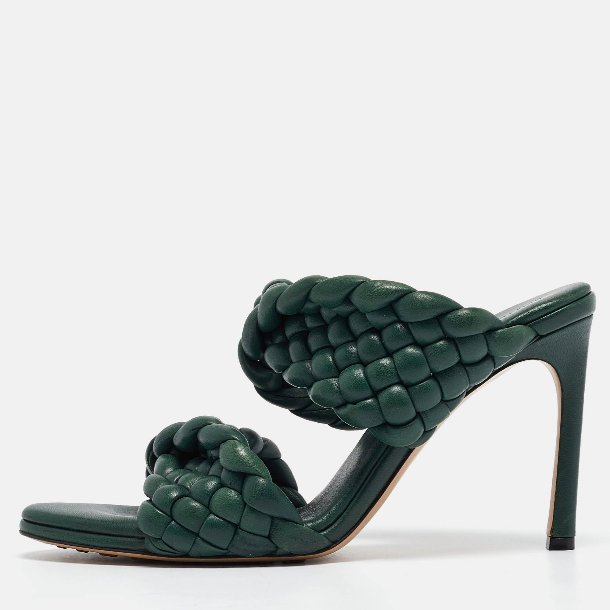 

Bottega Veneta Green Leather Braided Accents Slides Size