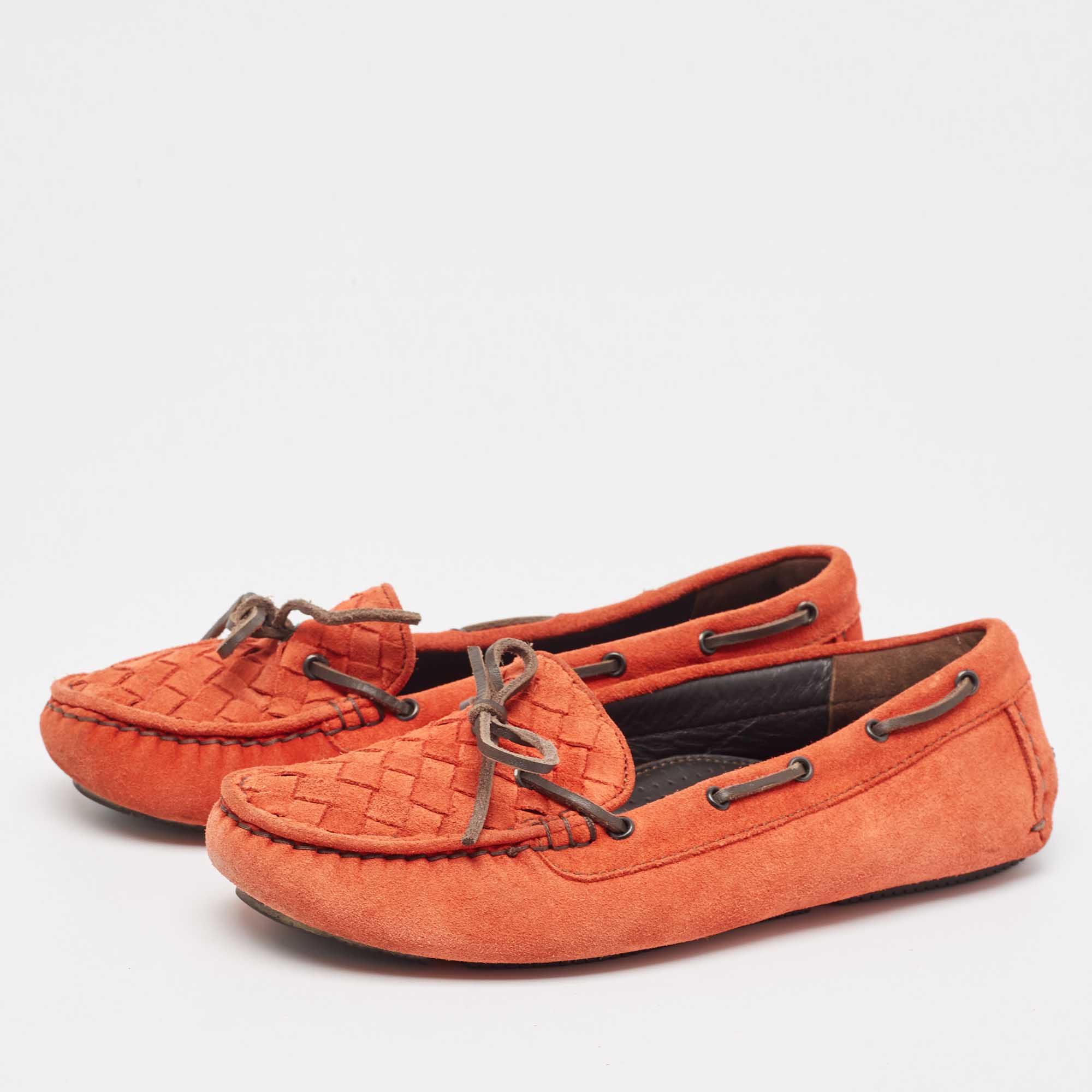 Bottega Veneta Orange Suede Bow Slip On Loafers Size 36 