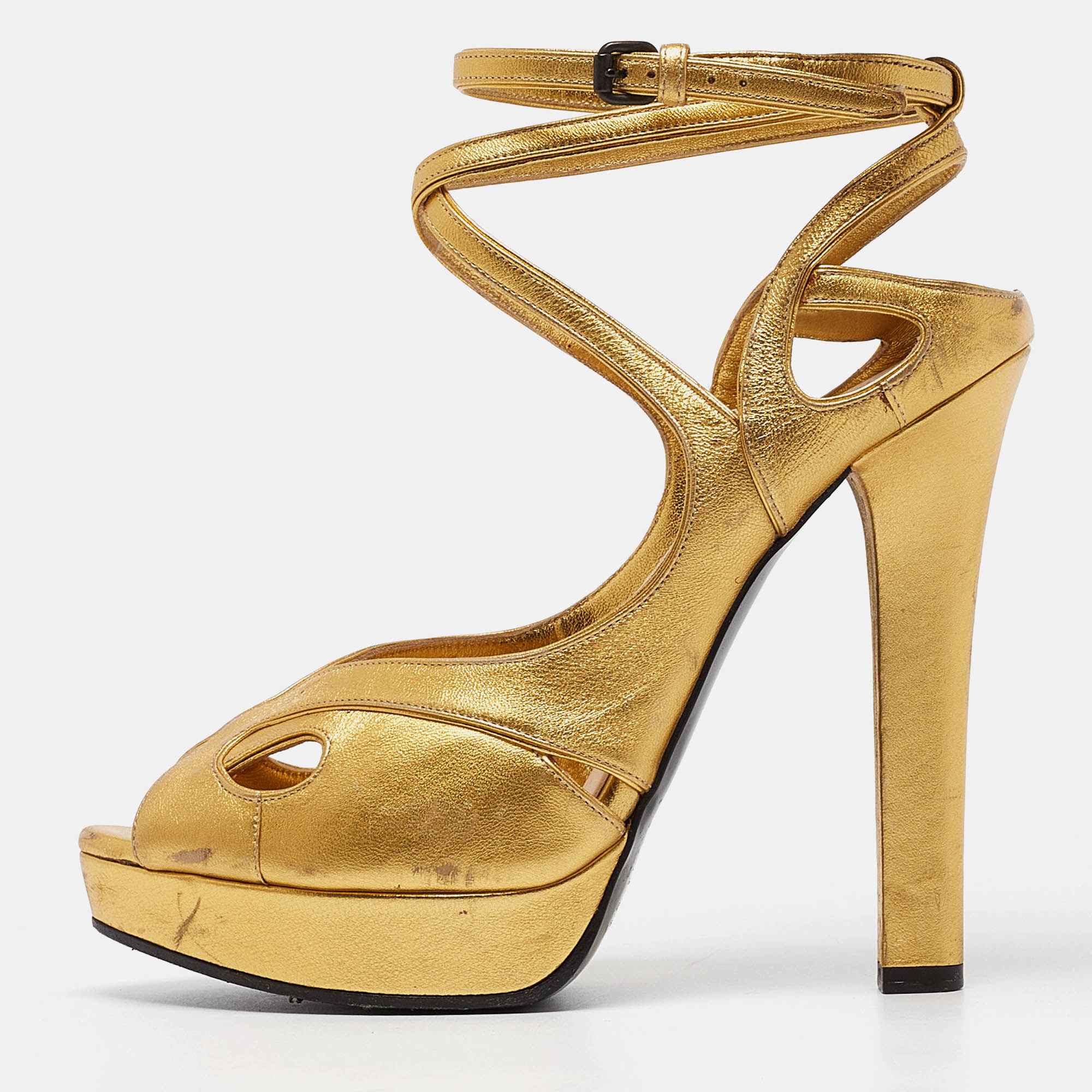 

Bottega Veneta Gold Leather Ankle Strap Platform Sandals Size