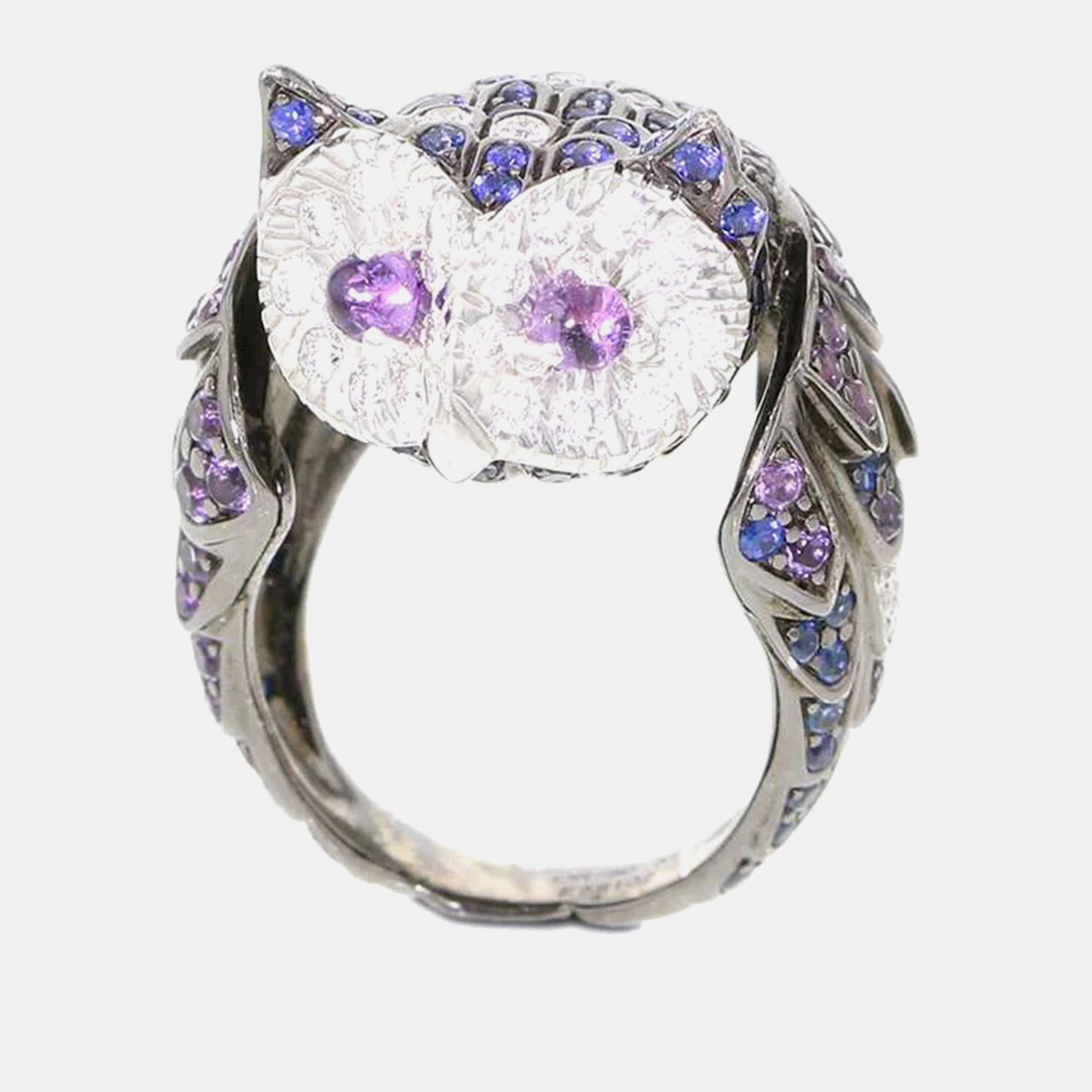 

Boucheron 18K White Gold Amethyst, Sapphire& Diamond Chouette Owl Ring EU 51