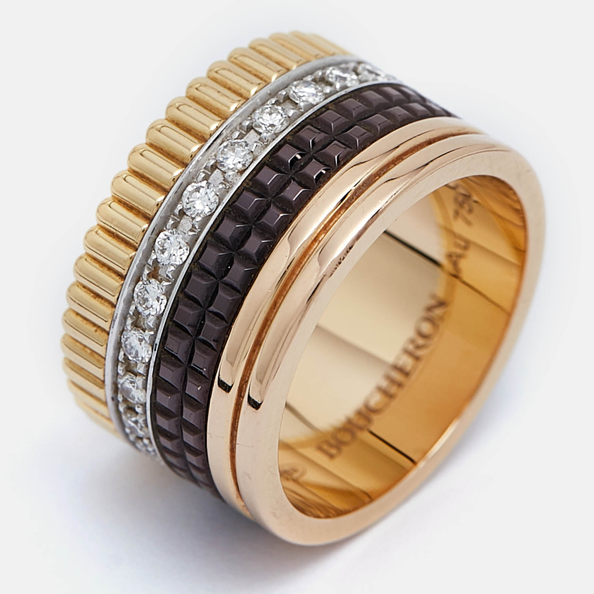 

Boucheron Quatre Classique Diamonds PVD 18k Three Tone Gold Ring Size