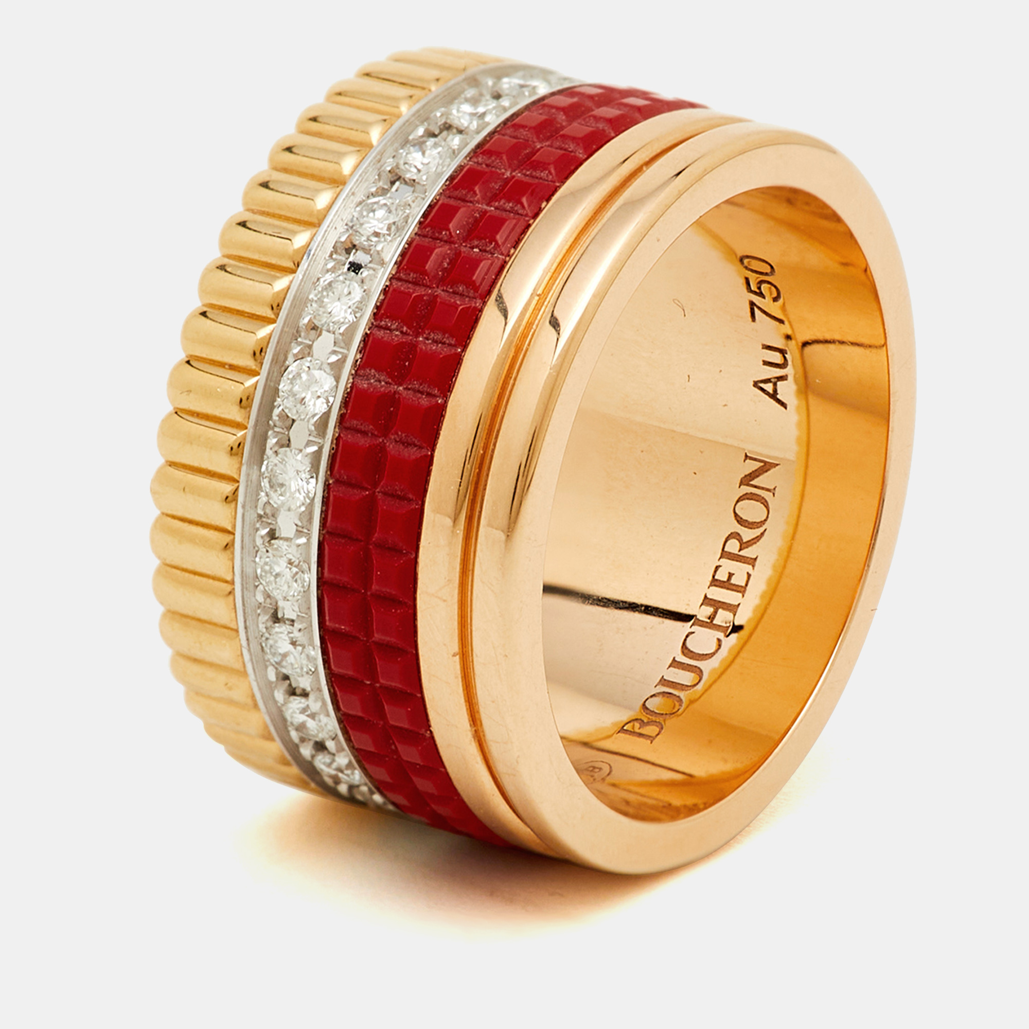 Pre-owned Boucheron Quatre Classique Red Edition Ceramic Diamonds 18k Three Tone Gold Ring Size 52