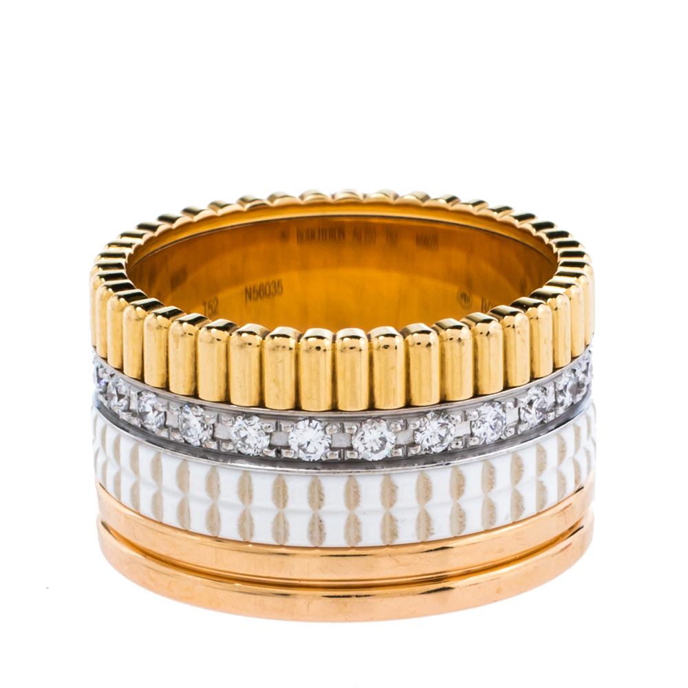 

Boucheron Quatre White Edition Large Ceramic Diamond 18K Three Tone Gold Band Ring Size