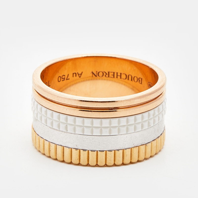 

Boucheron Quatre Classique White Ceramic Edition 18k Three Tone Gold Band Ring Size