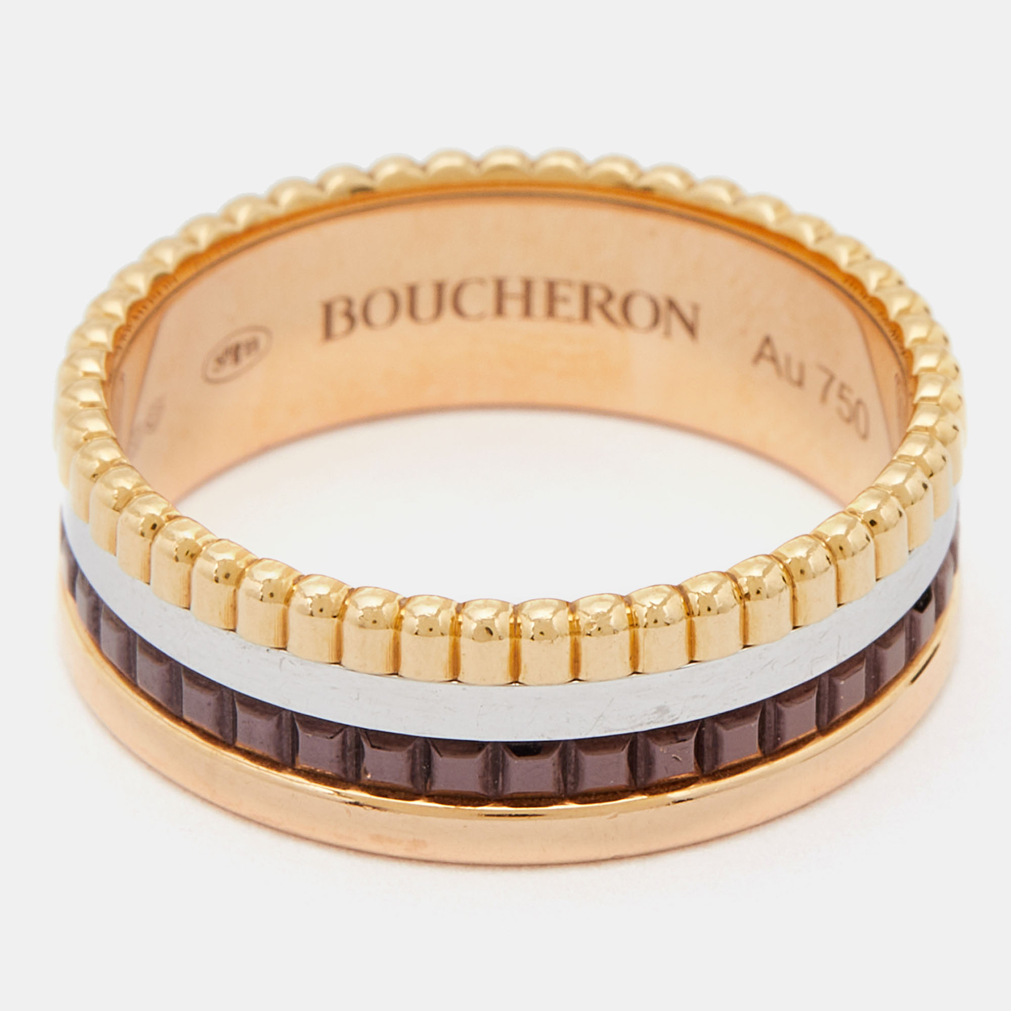 

Boucheron Quatre Classique Brown PVD 18k Three Tone Gold Small Band Ring Size